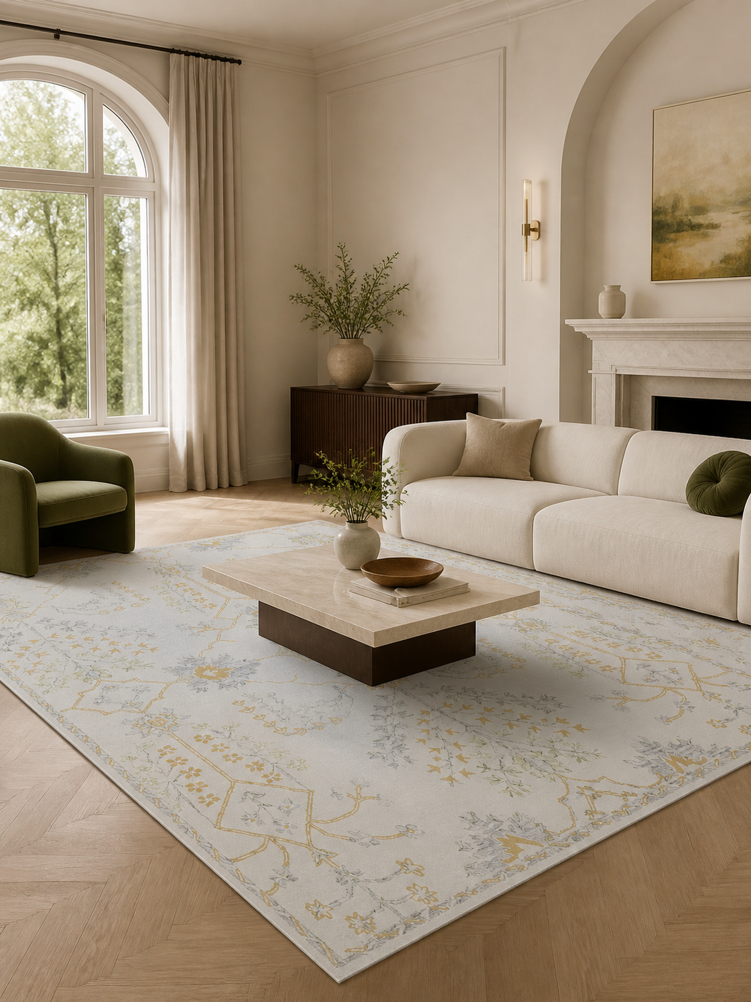 Soft Neutral Mosaic Floral Area Rug