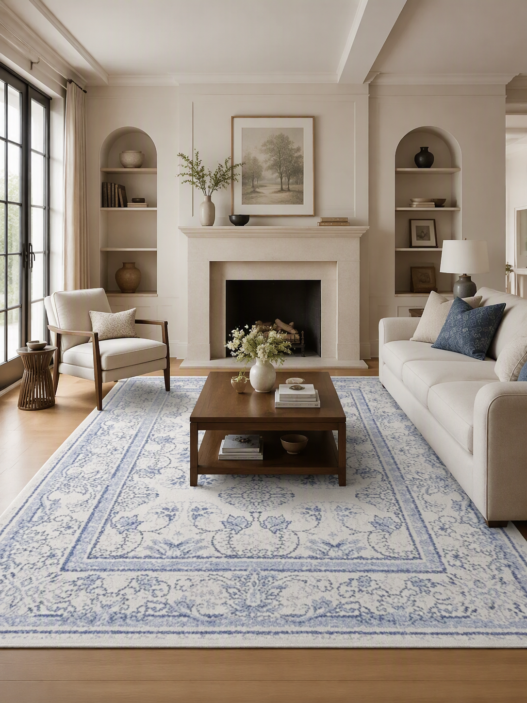 Blue Cream Vintage Oriental Machine Washable Area Rug