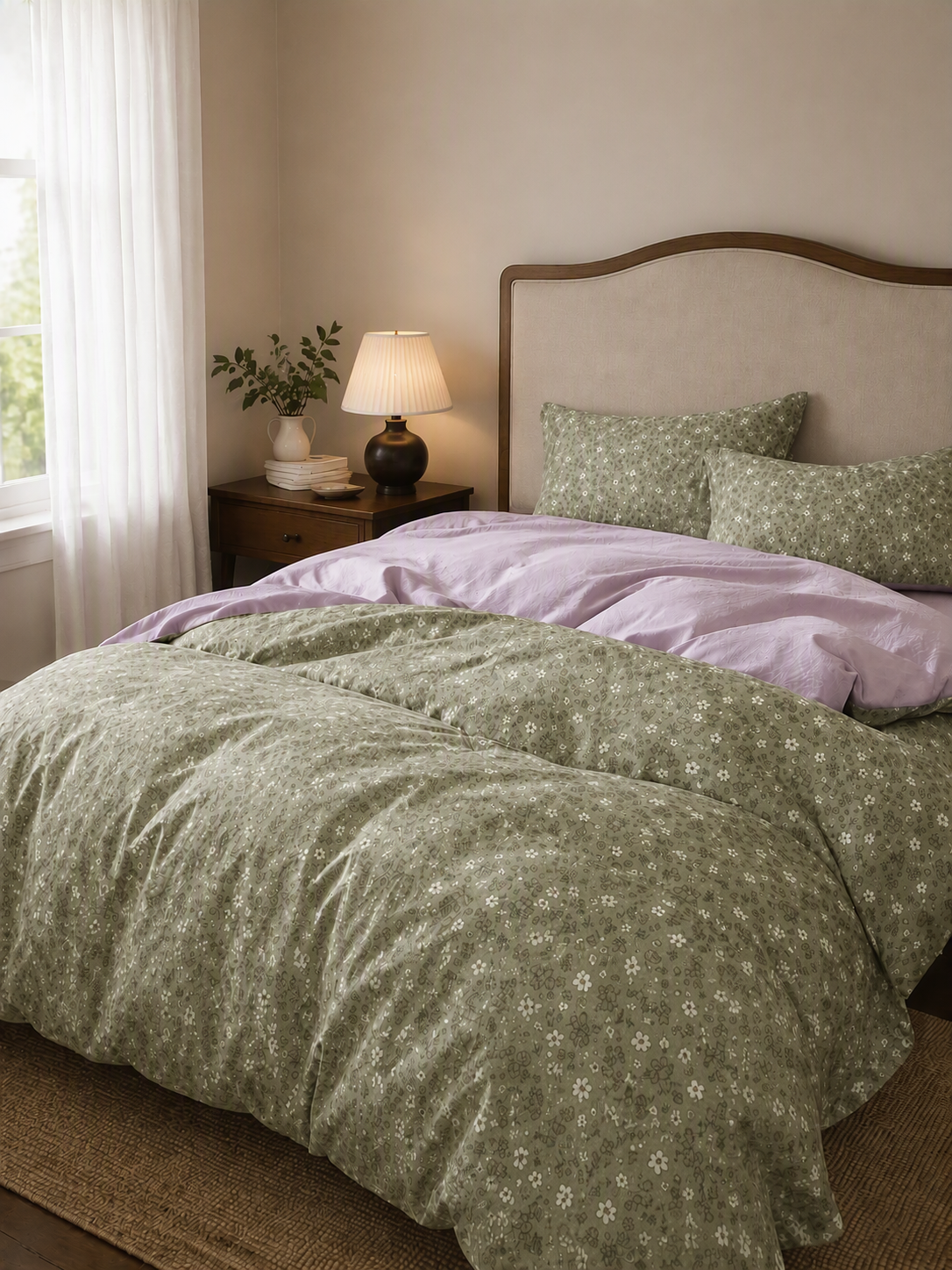 5-Piece Vintage Ditsy Floral Olive Green & Lavender Reversible Bedding Set