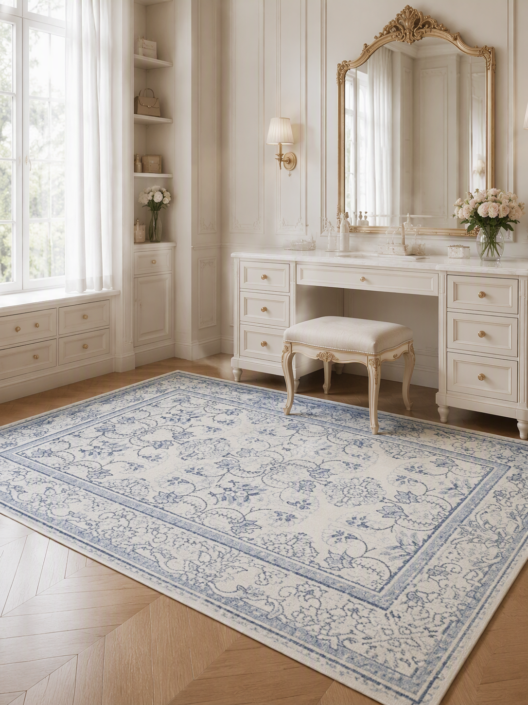 Blue Cream Vintage Oriental Machine Washable Area Rug