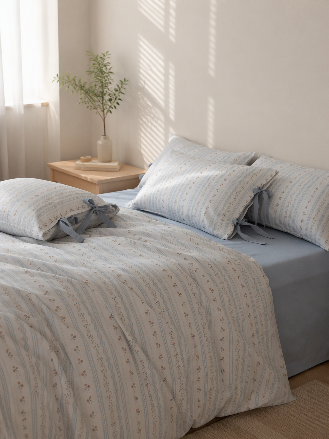5-Piece Striped Botanical Tie Closure Bedding Set