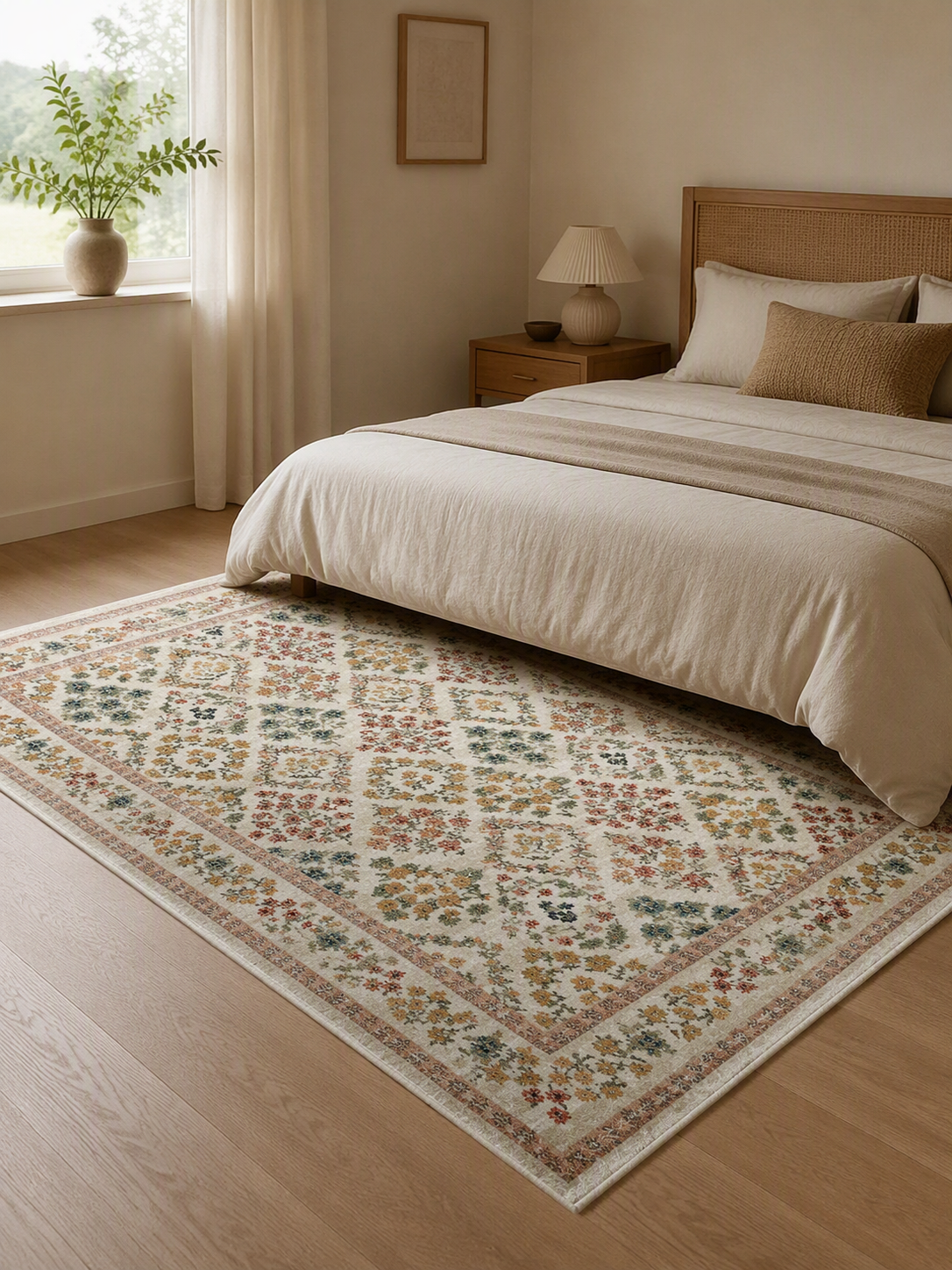 Block‑Print Floral Diamond Area Rug