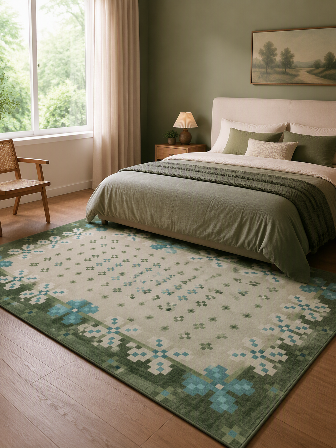 Vintage Green Blue Geometric Border Short‑Pile Area Rug