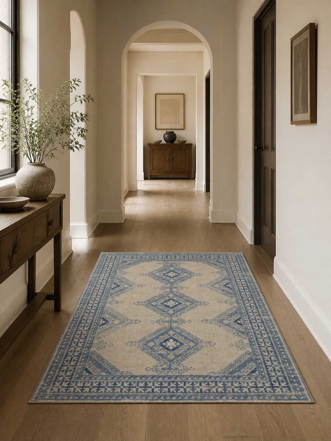 Blue Beige Vintage Tribal Geometric Area Rug