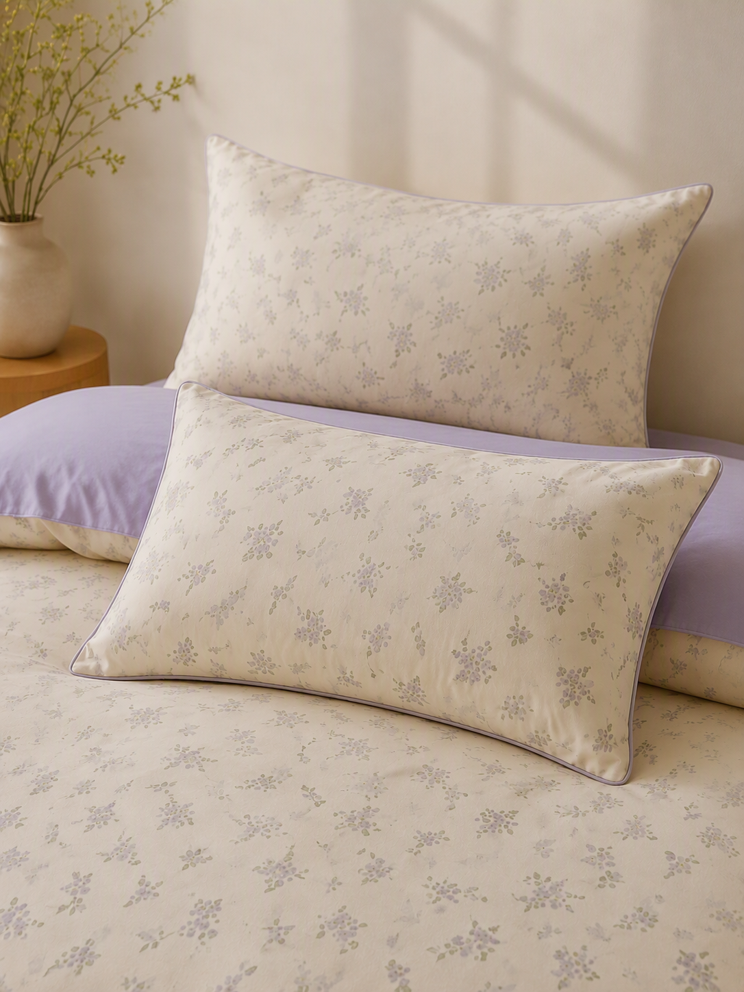 Cream Lavender Floral 100% Cotton Bedding Set