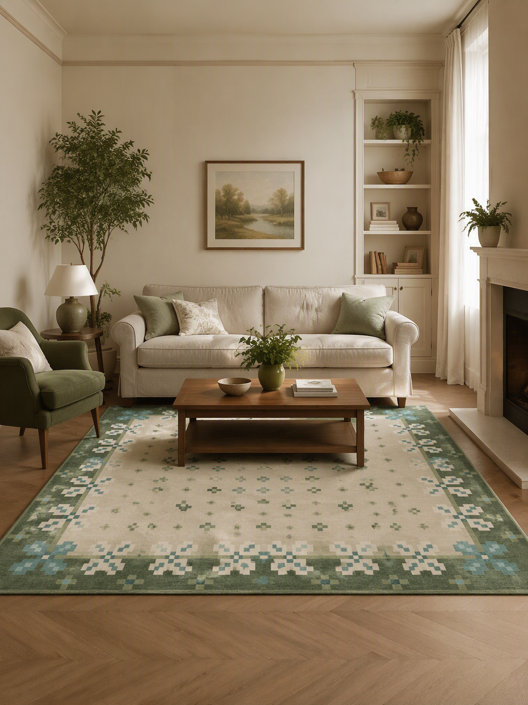 Vintage Green Blue Geometric Border Short‑Pile Area Rug