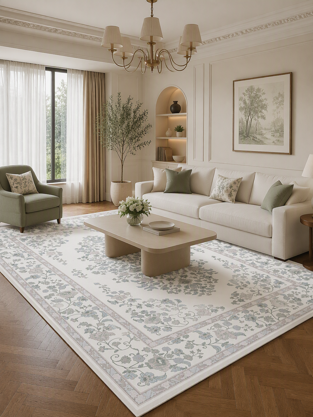 French Floral Low Pile Non-Slip Area Rug