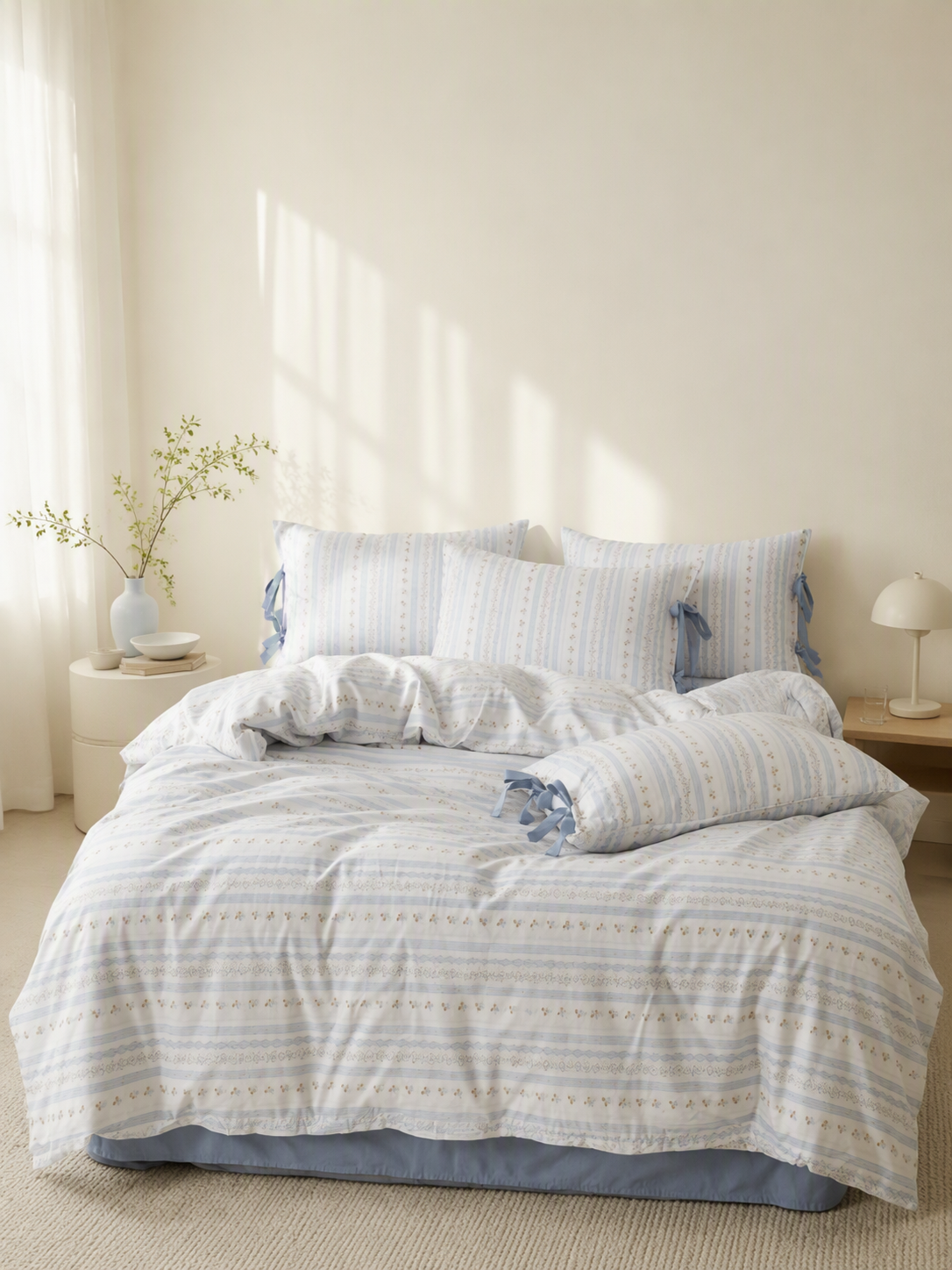5-Piece Striped Botanical Tie Closure Bedding Set