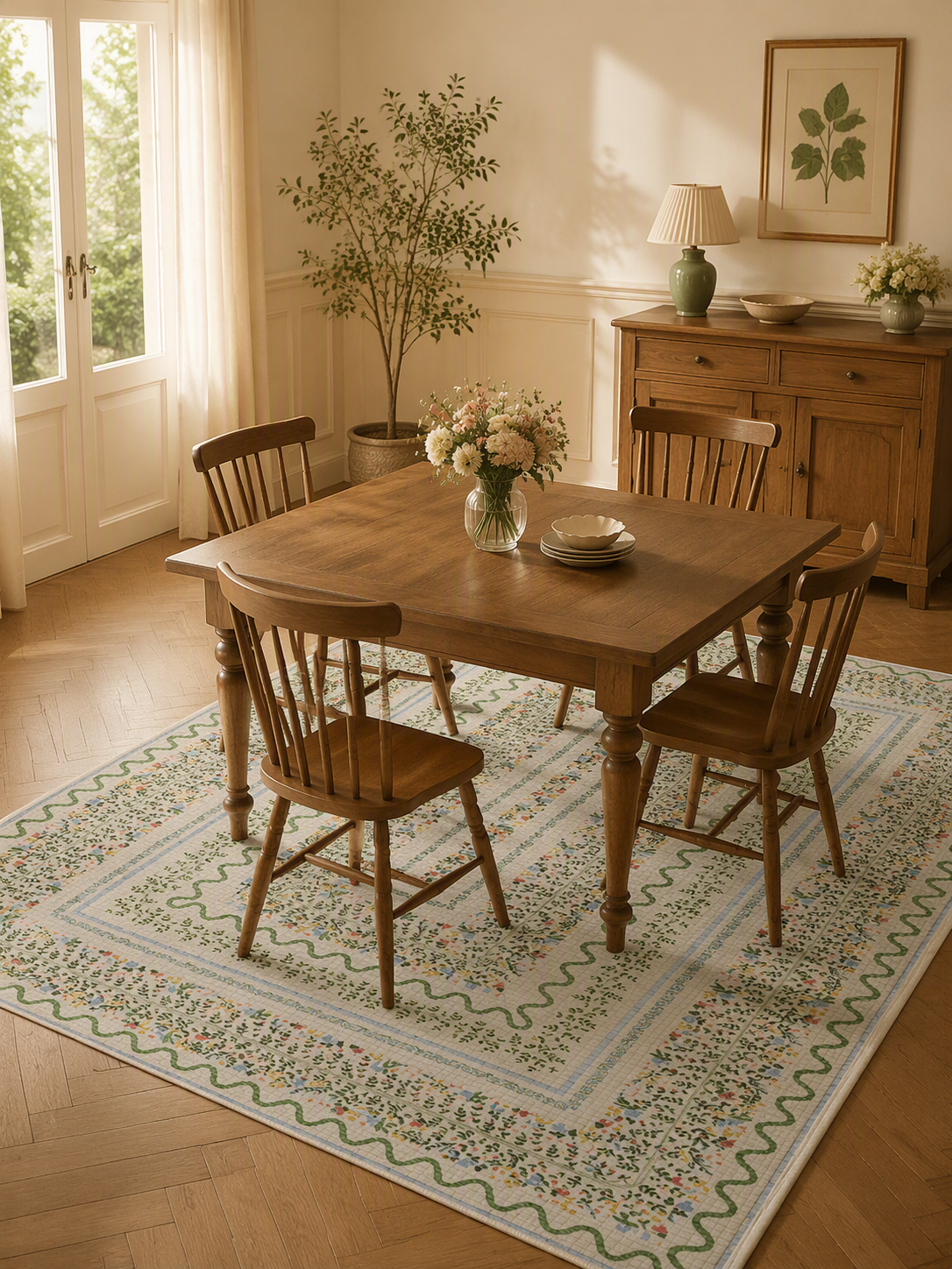 Garden‑Style Floral Scalloped Border Non‑Slip Area Rug