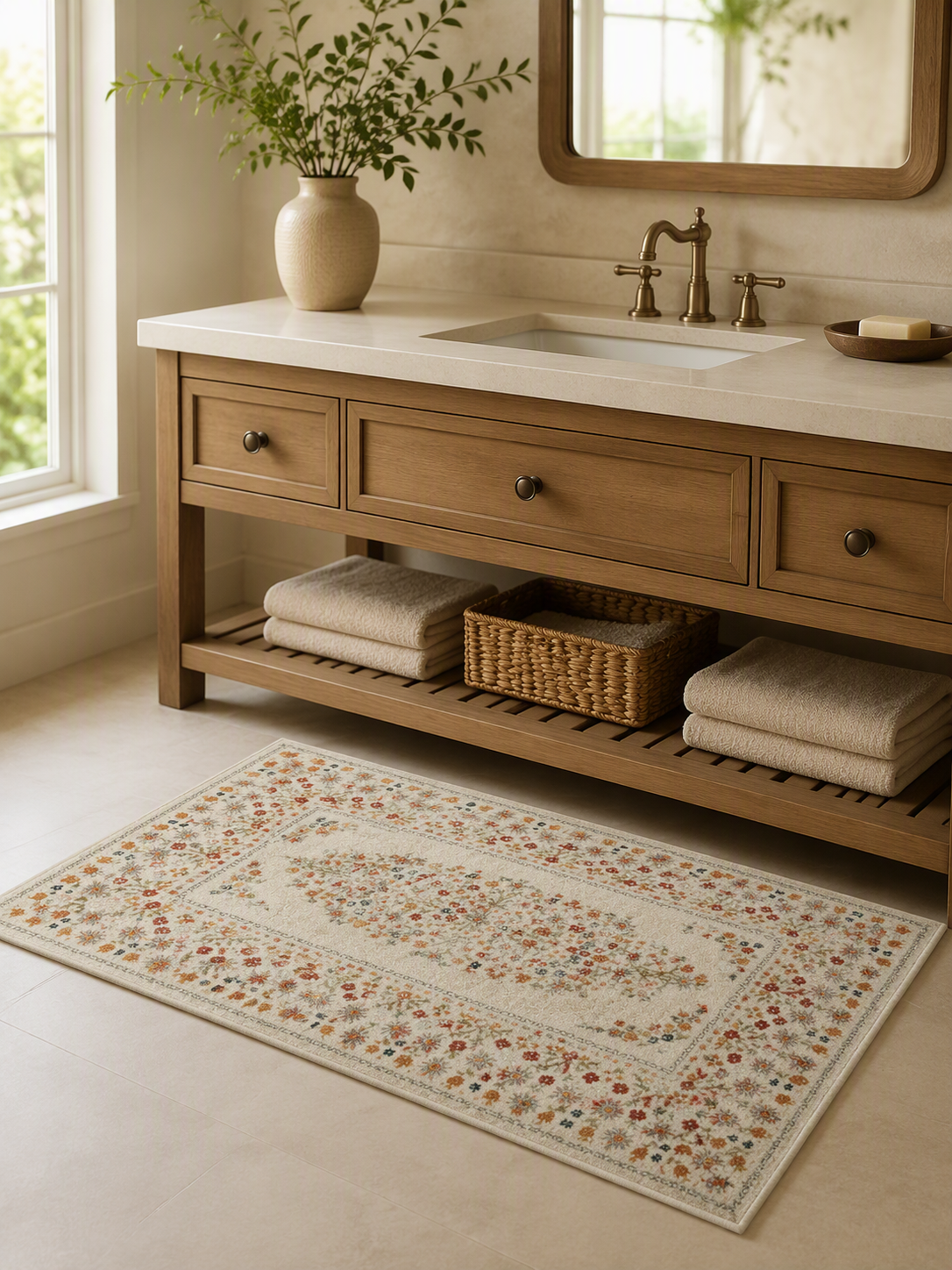 Traditional Floral Border Short Pile Area Rug
