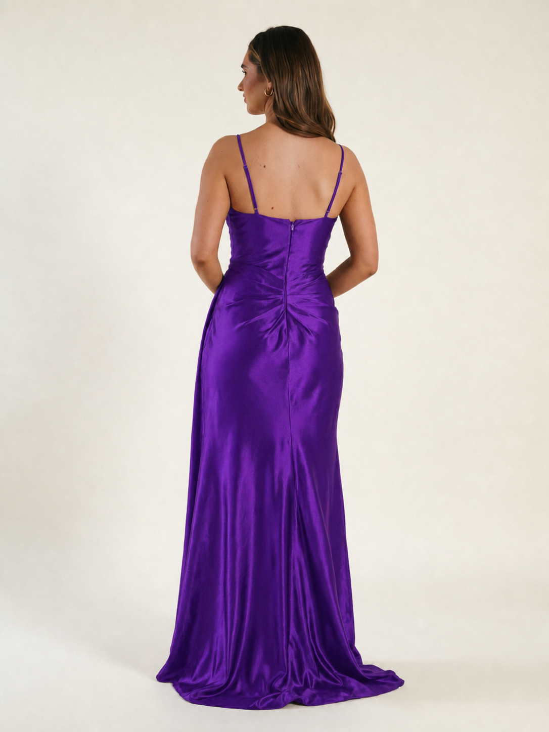 V-neck satin fine bandeau fitted high slit long dress