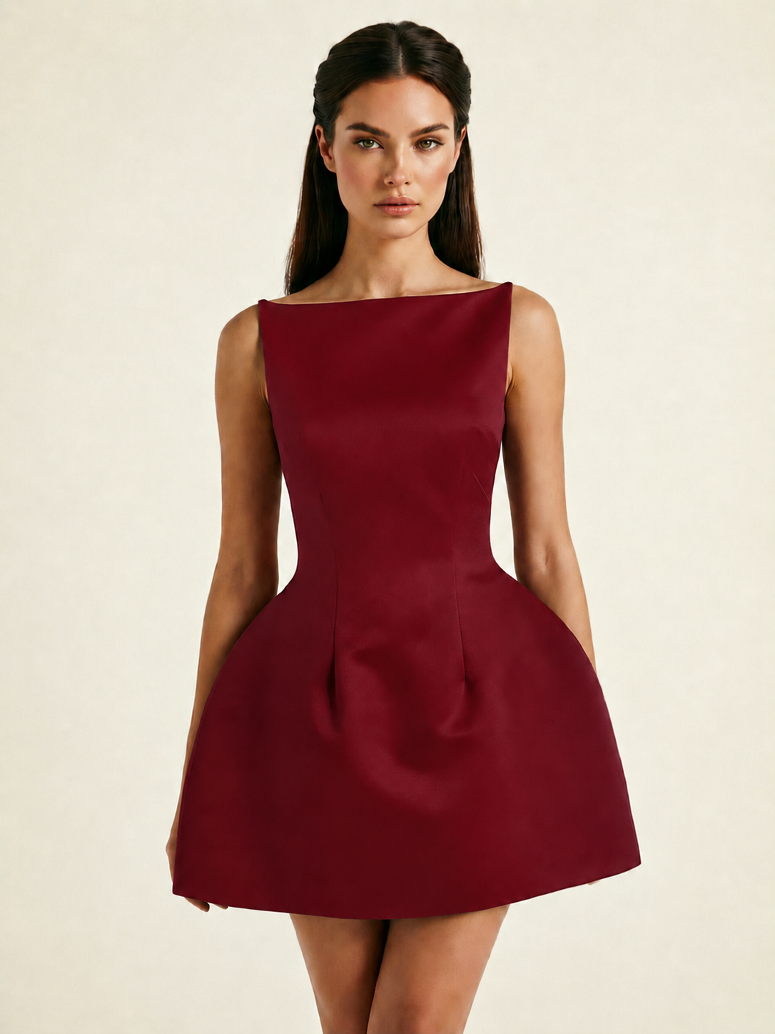 Satin Boat Neck Open Back Fit & Flare Mini Dress