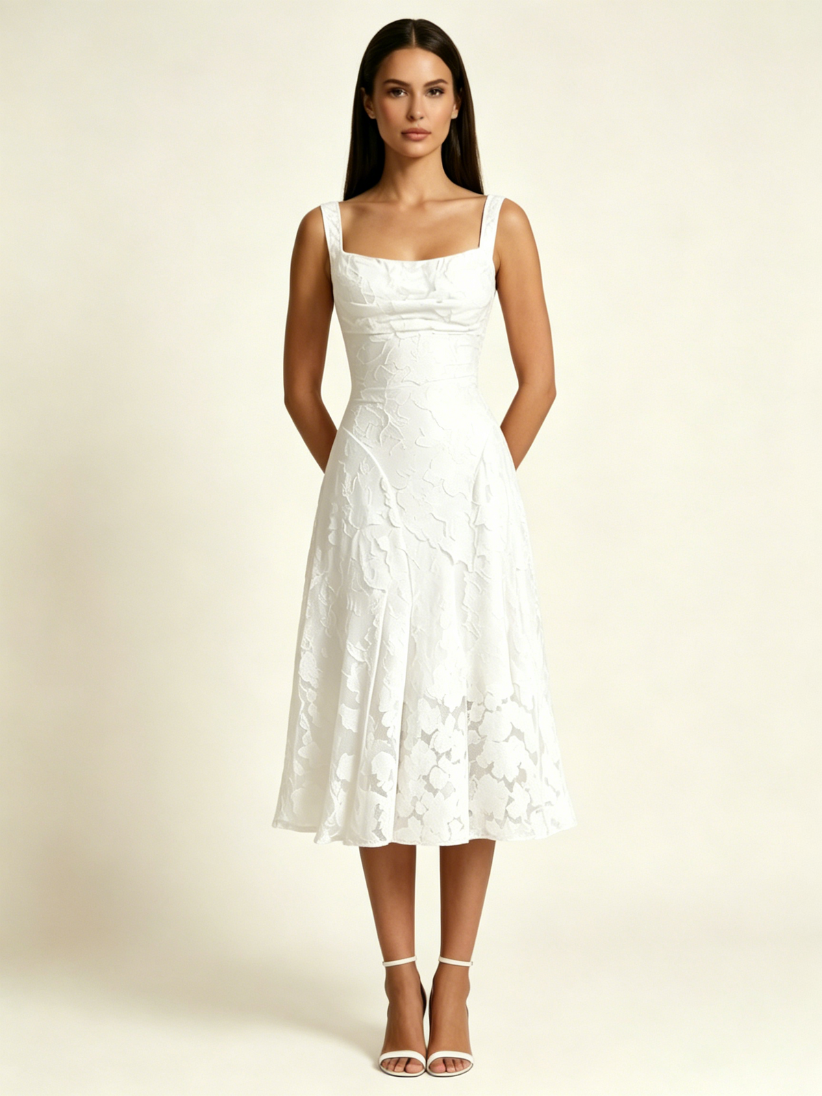 3D Floral Jacquard Square Neck Midi Dress