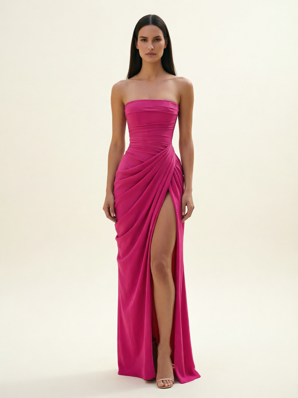 Strapless Ruched High Slit Maxi Dress