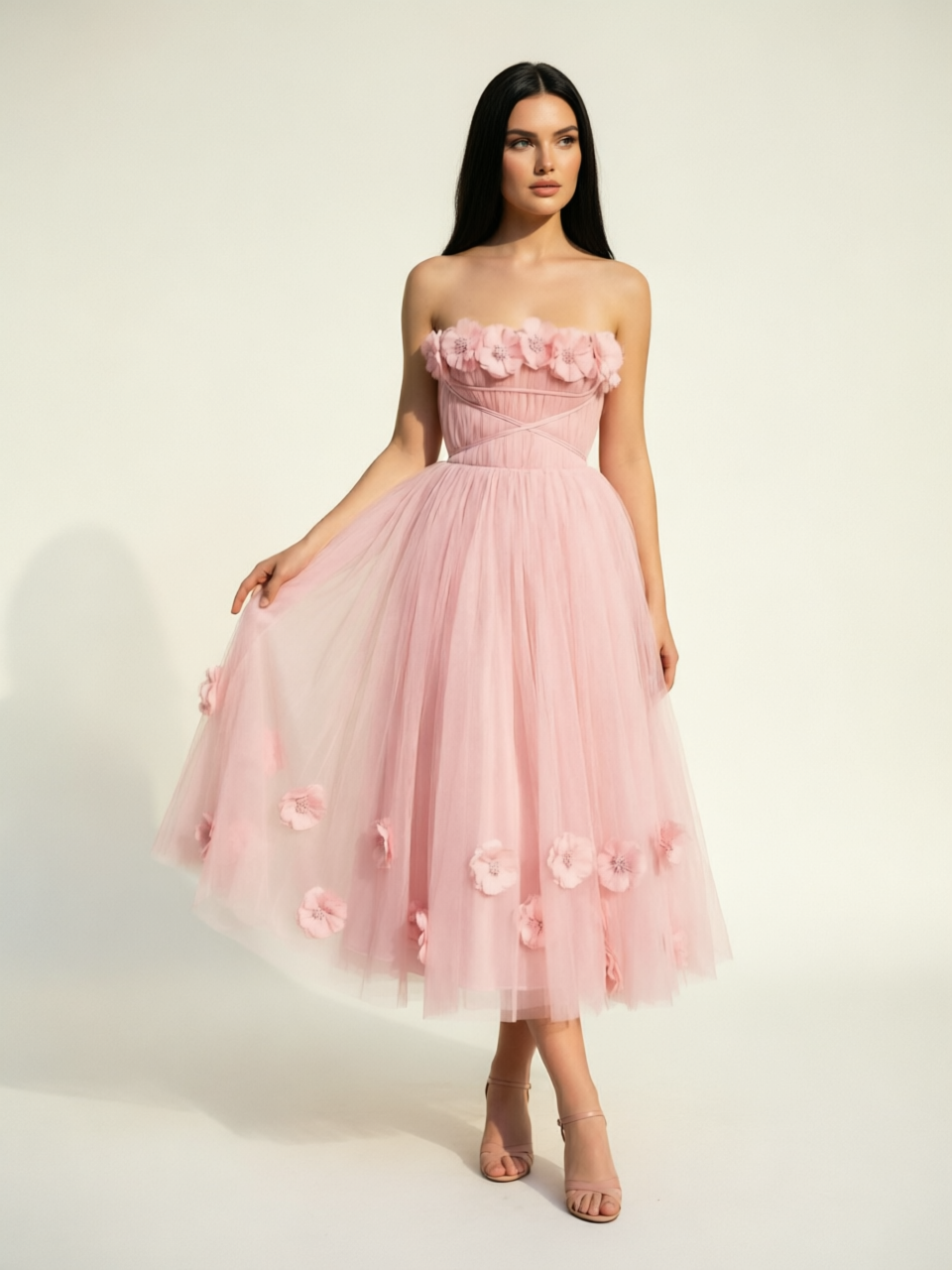 Strapless Tulle Midi Dress with 3D Floral Appliqués, Lace-Up Corset Back