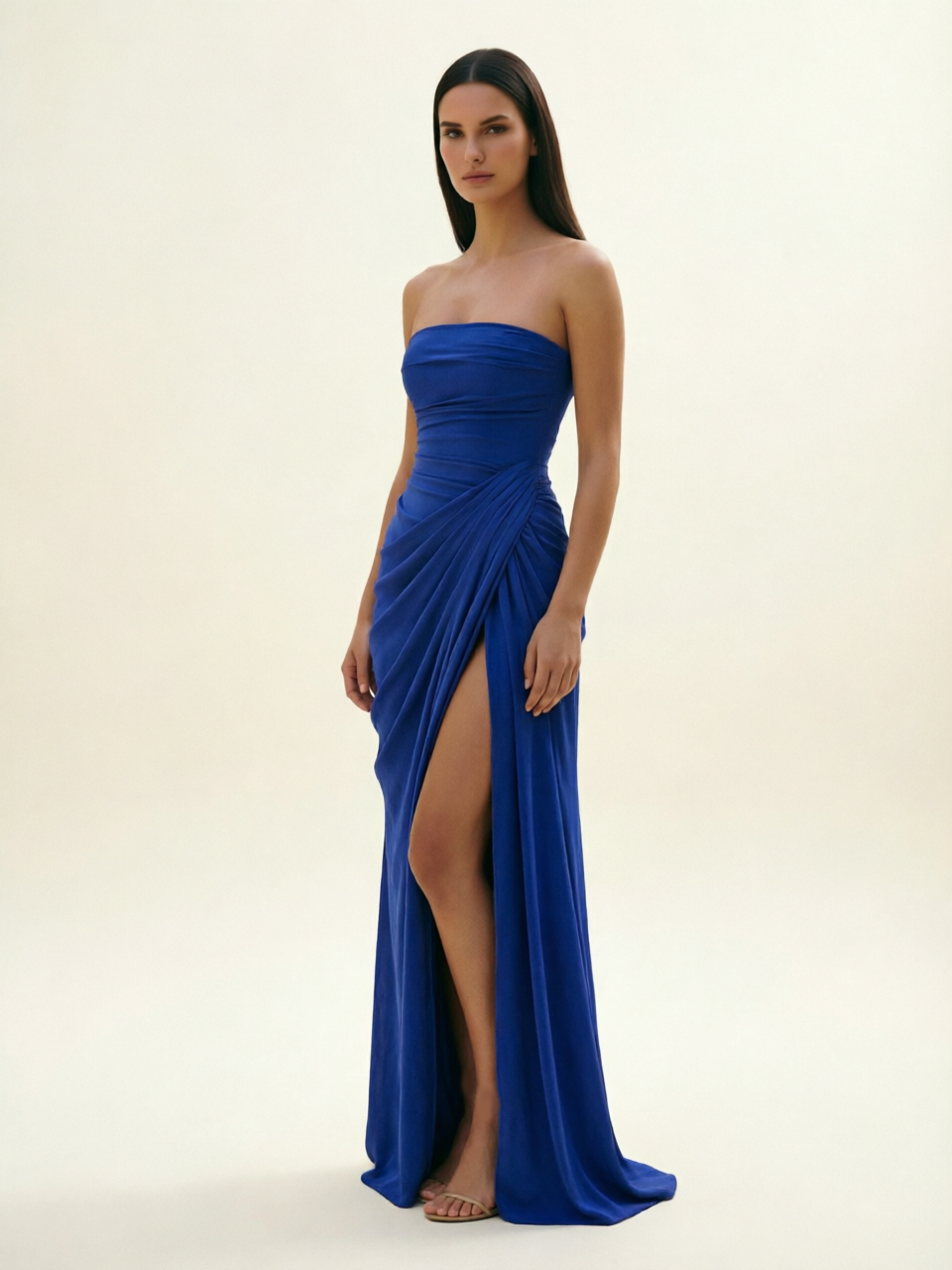 Strapless Ruched High Slit Maxi Dress