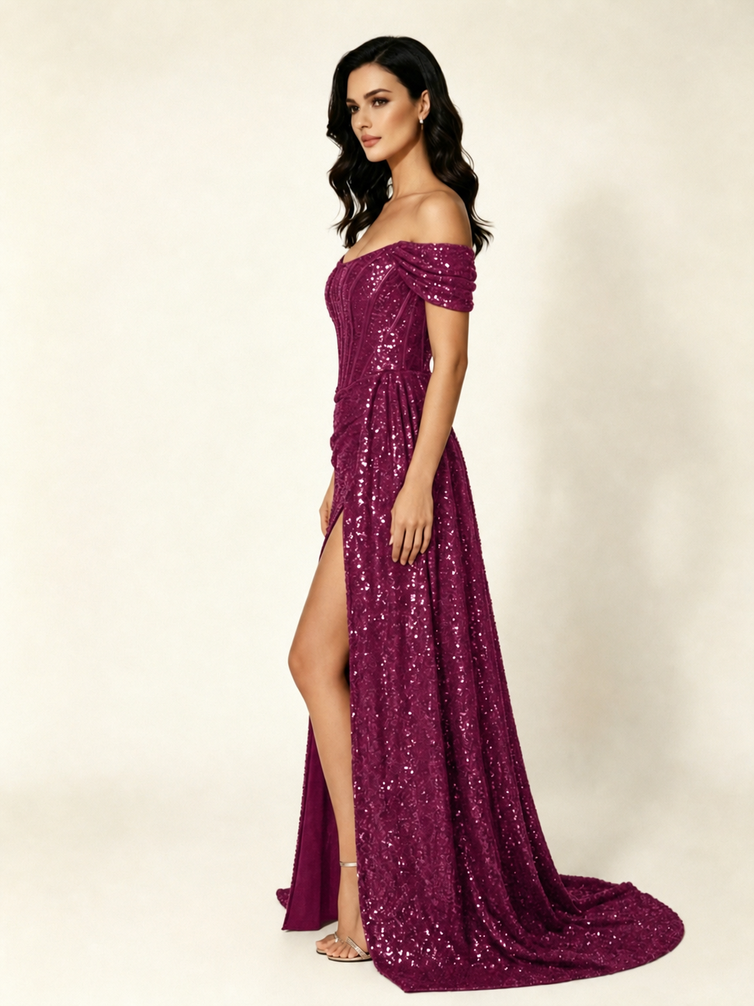 Off Shoulder Sequin High Slit Dress with Train