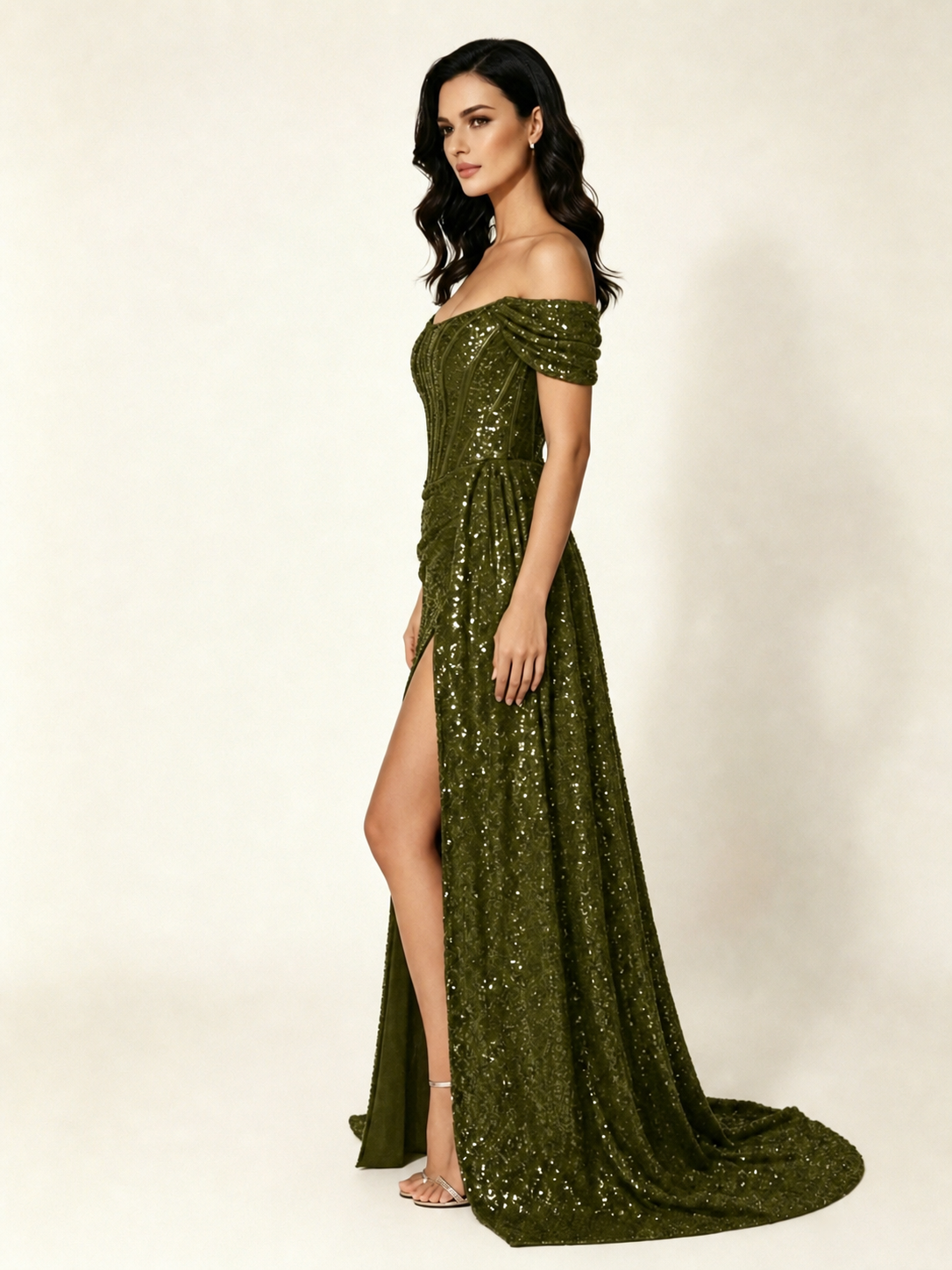 Off Shoulder Sequin High Slit Dress with Train