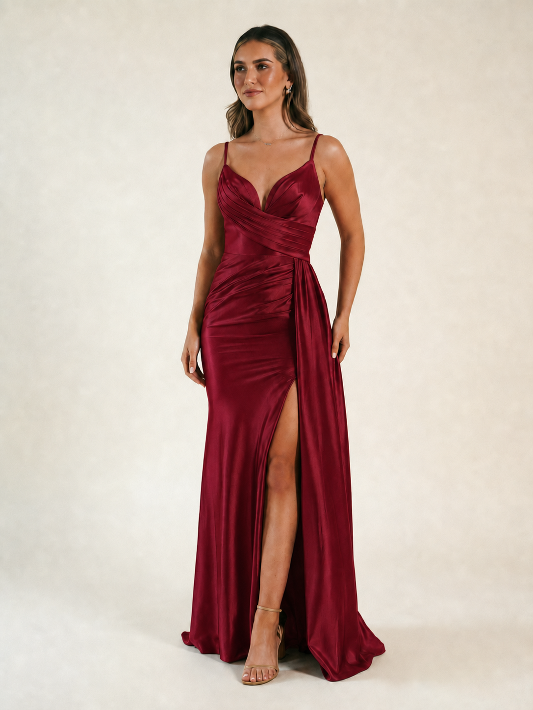 V-neck satin fine bandeau fitted high slit long dress