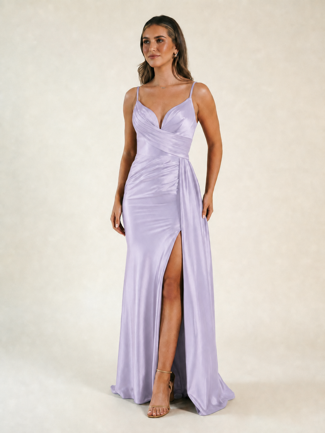 V-neck satin fine bandeau fitted high slit long dress