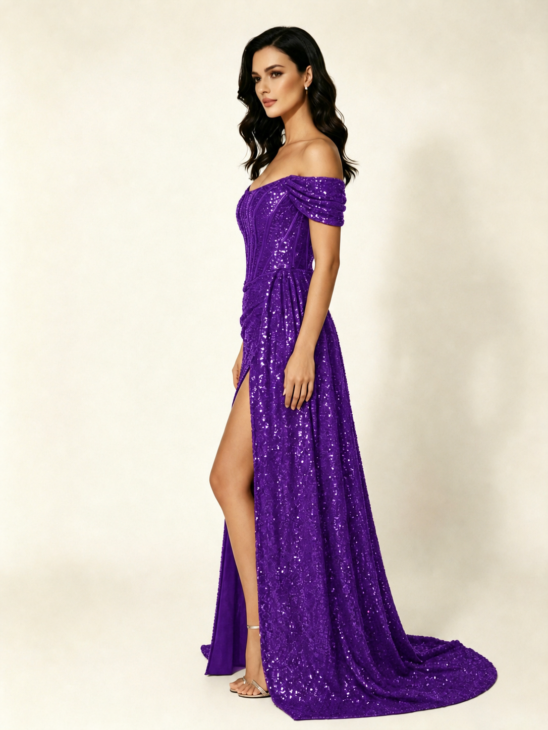 Off Shoulder Sequin High Slit Dress with Train