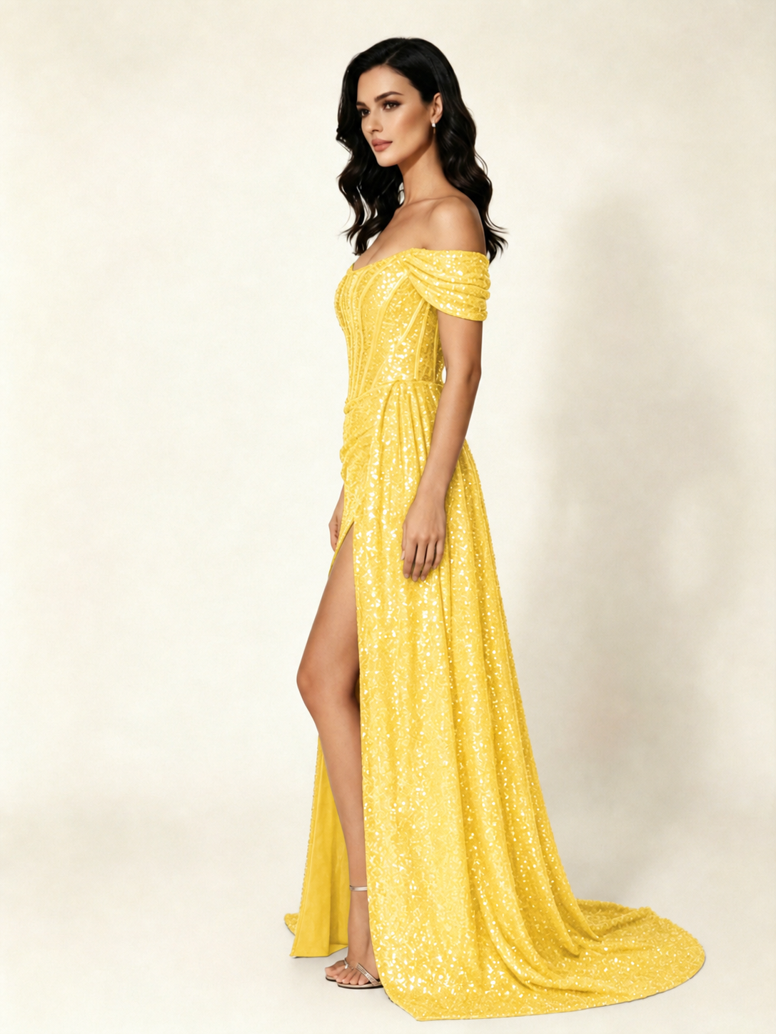 Off Shoulder Sequin High Slit Dress with Train