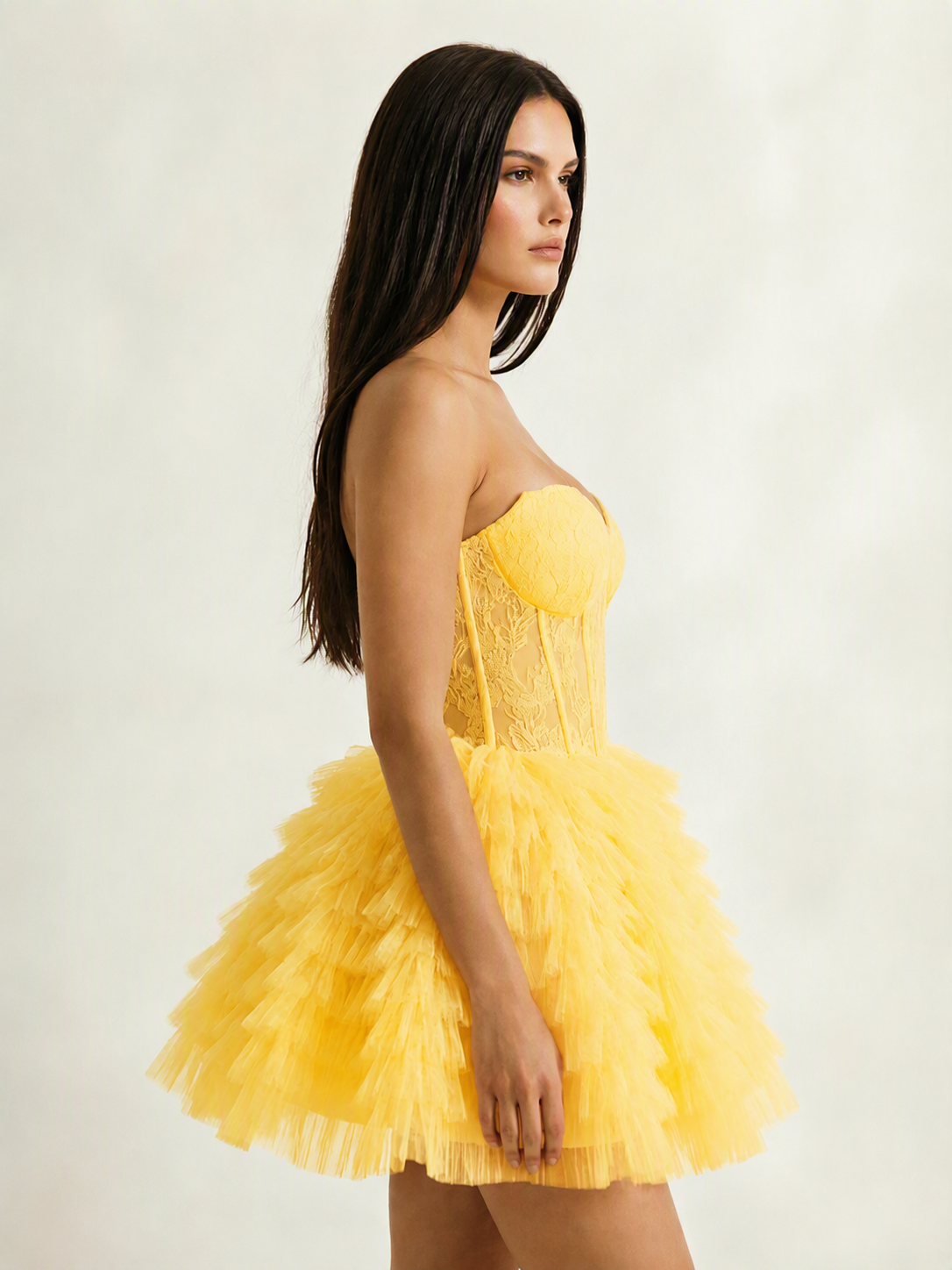 Strapless Lace Corset Tiered Tulle Mini Dress