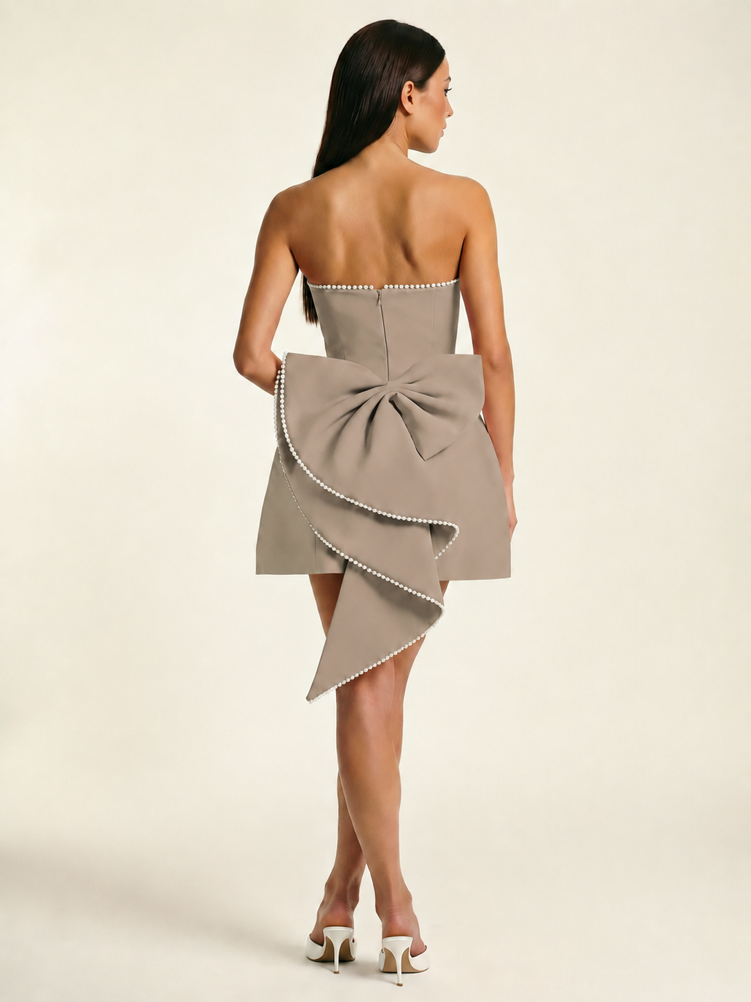 Strapless Pearl Trim Bow Back A-Line Mini Dress