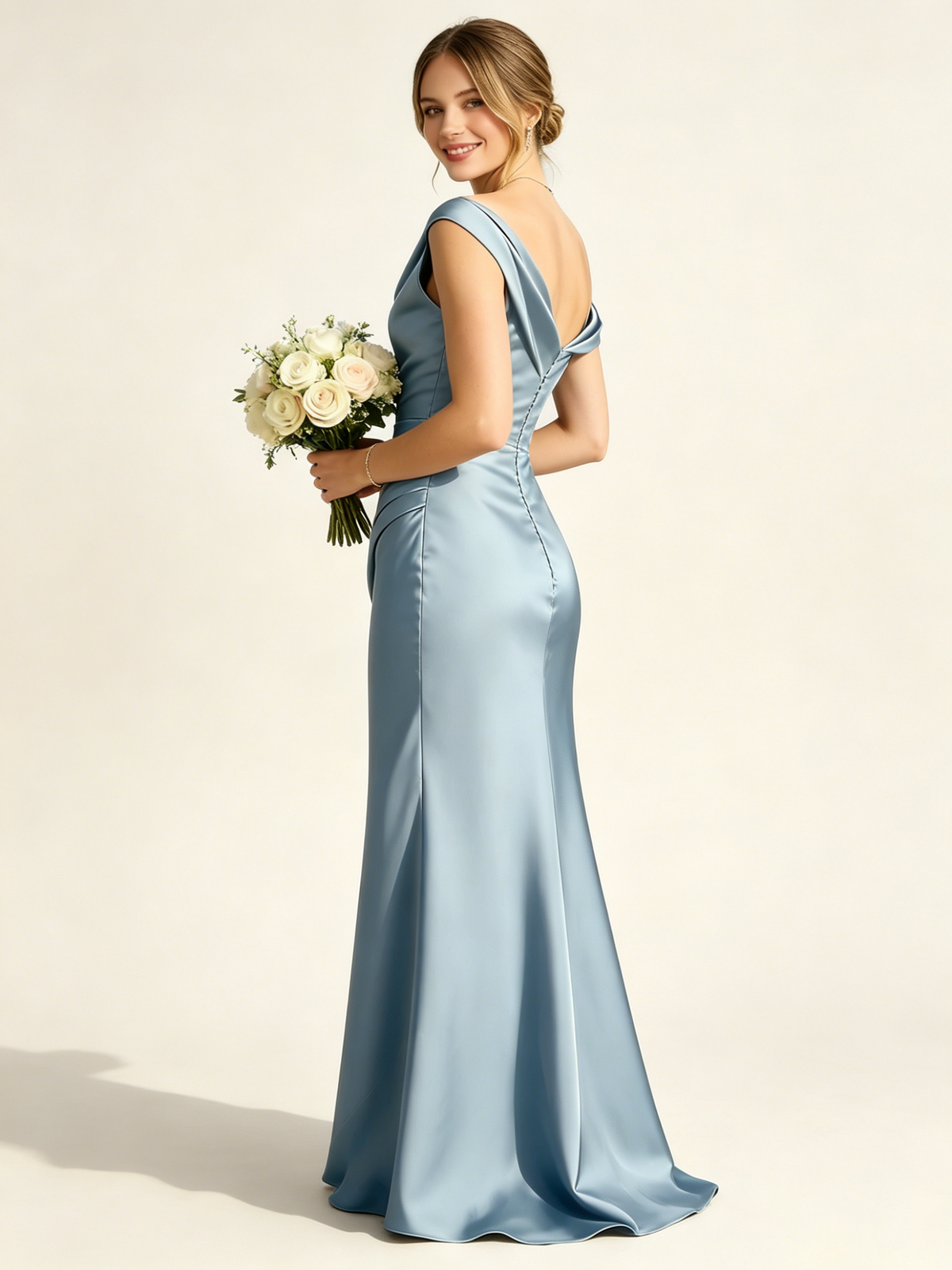 Satin Mermaid Bridesmaid Maxi Dress, Asymmetrical Off Shoulder Ruched Waist Open Back