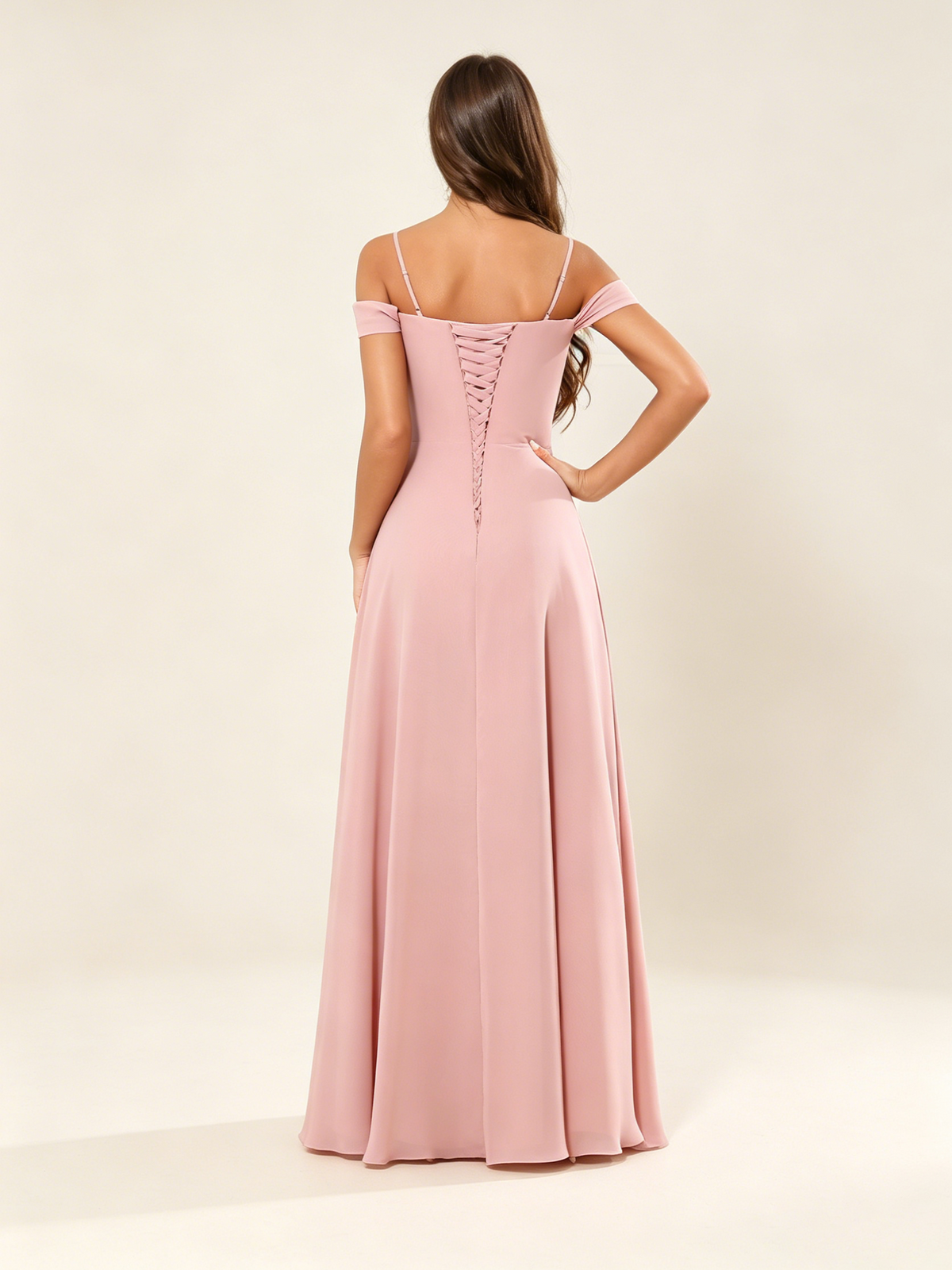 Off shoulder chiffon bridesmaid dress with high slit ruffle
