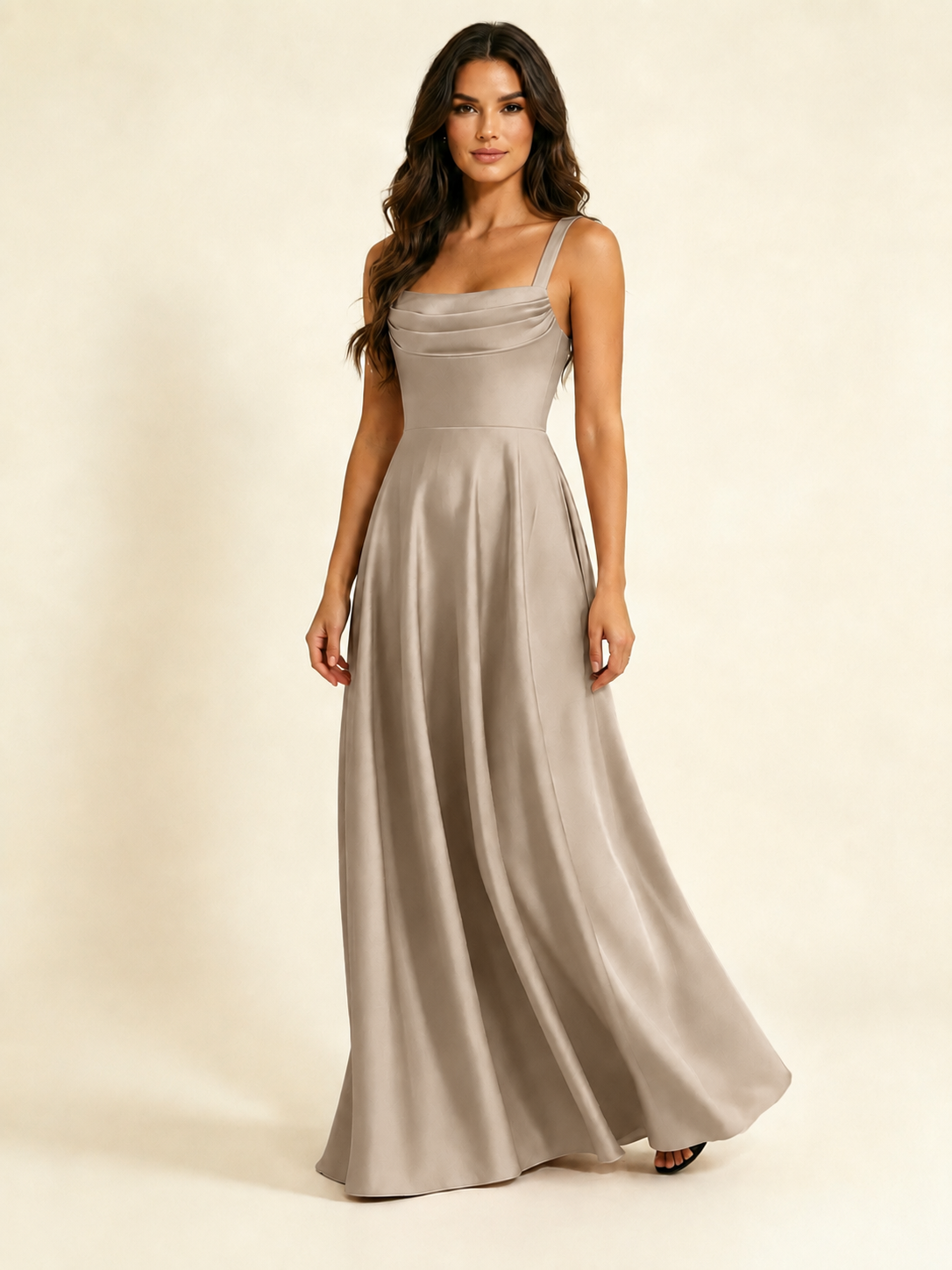 Satin Draped Cowl Square Neck A-Line Maxi Bridesmaid Dress