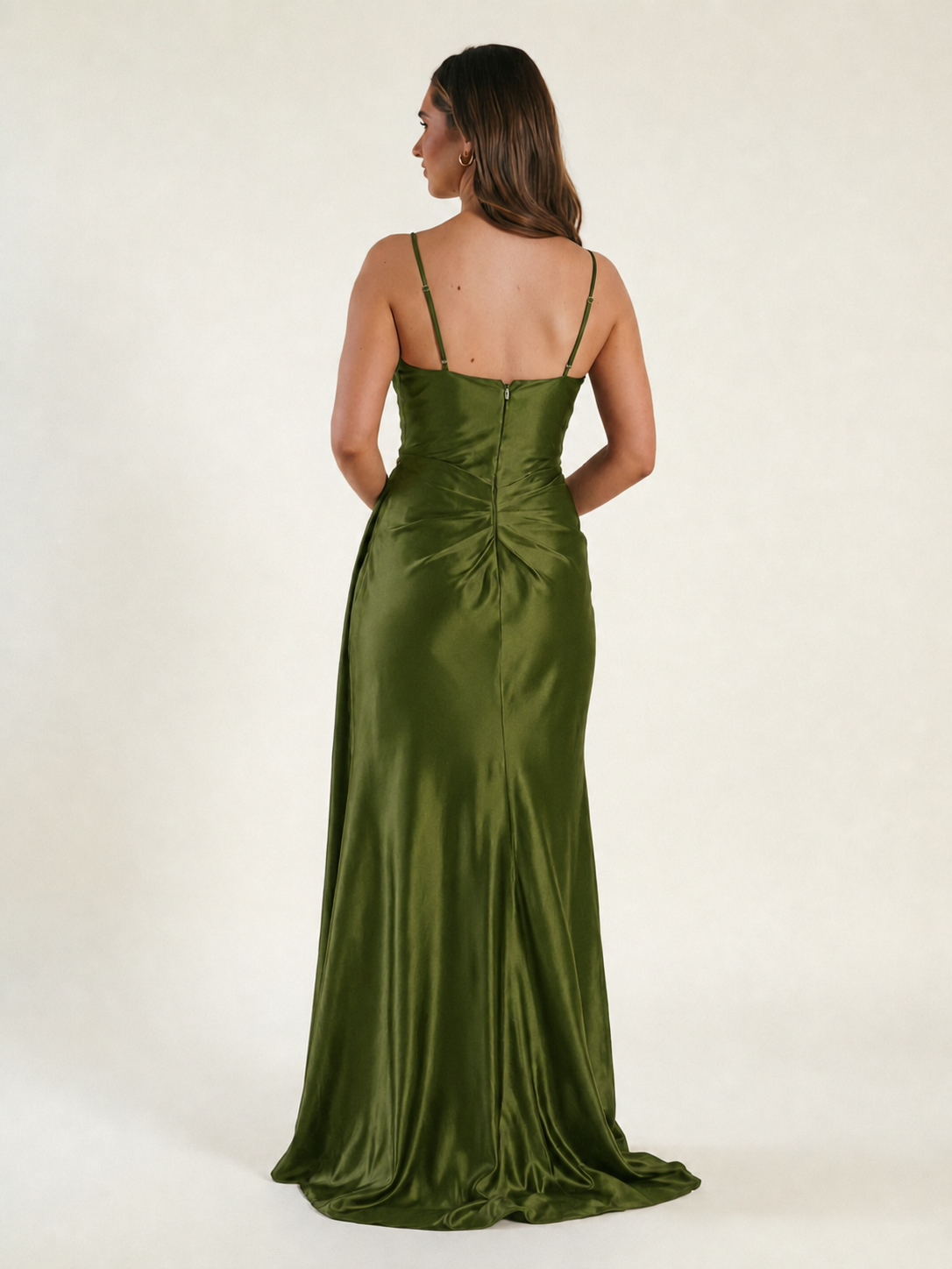 V-neck satin fine bandeau fitted high slit long dress