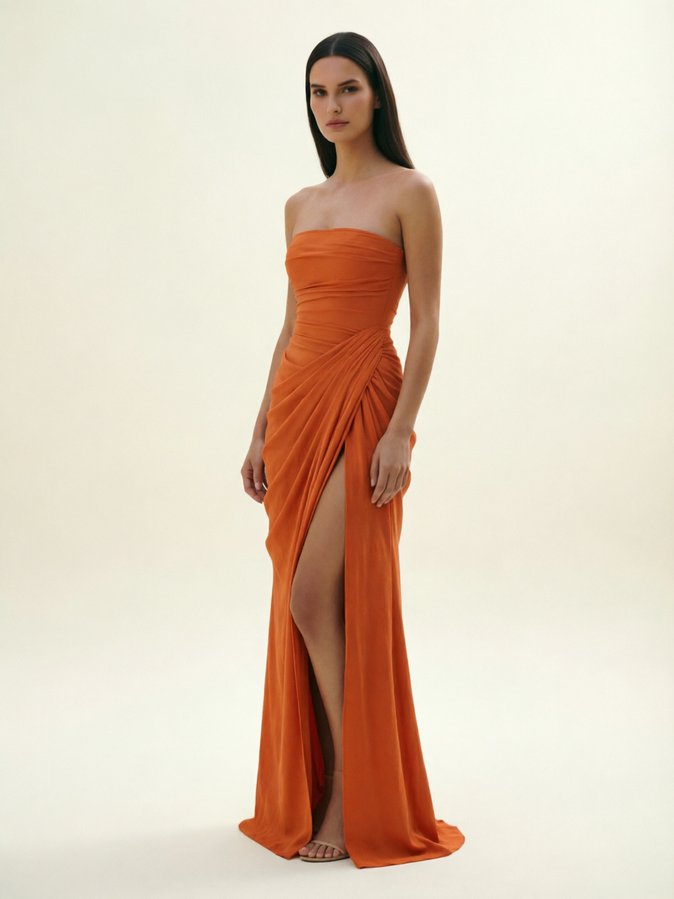 Strapless Ruched High Slit Maxi Dress