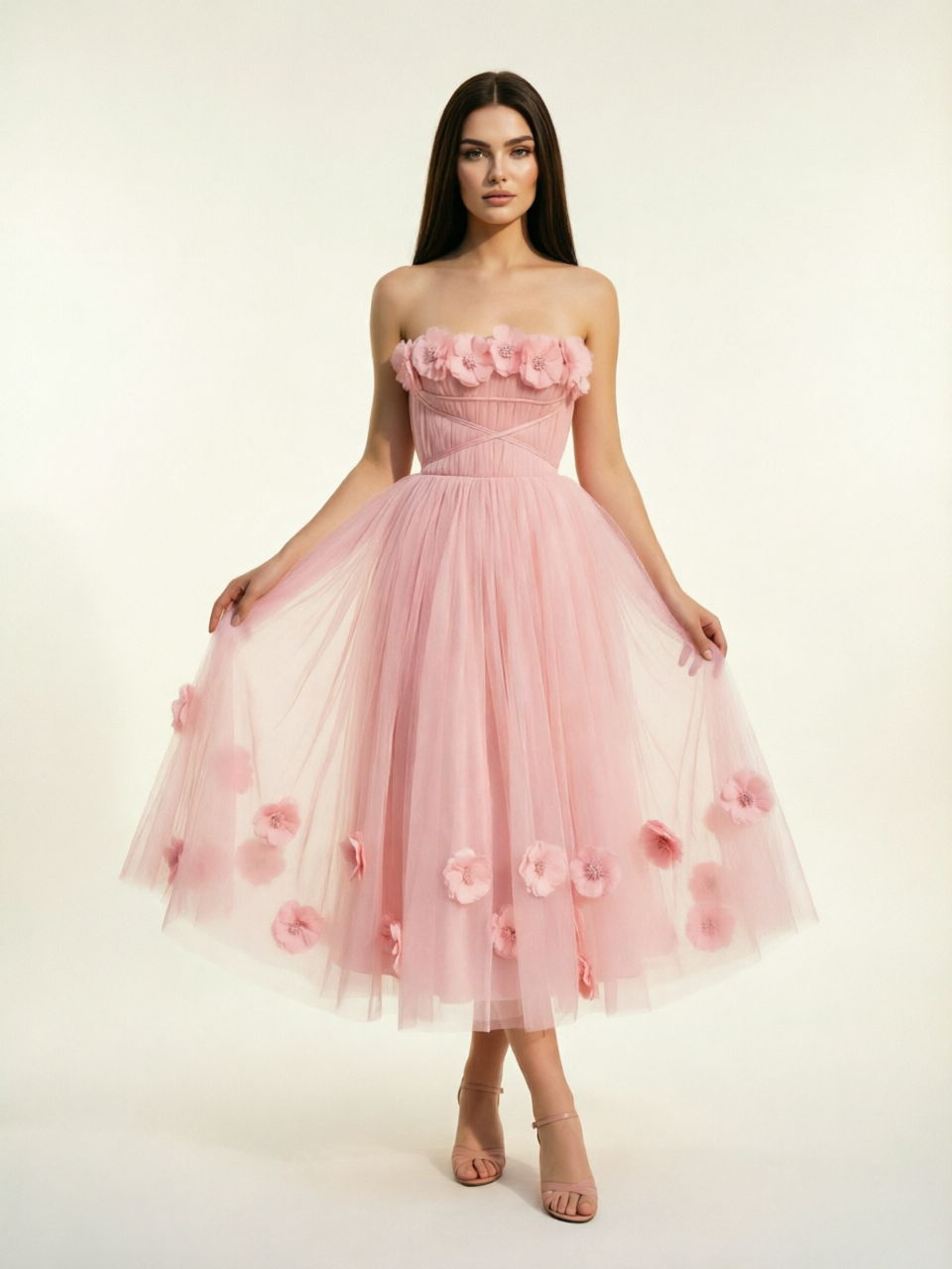 Strapless Tulle Midi Dress with 3D Floral Appliqués, Lace-Up Corset Back