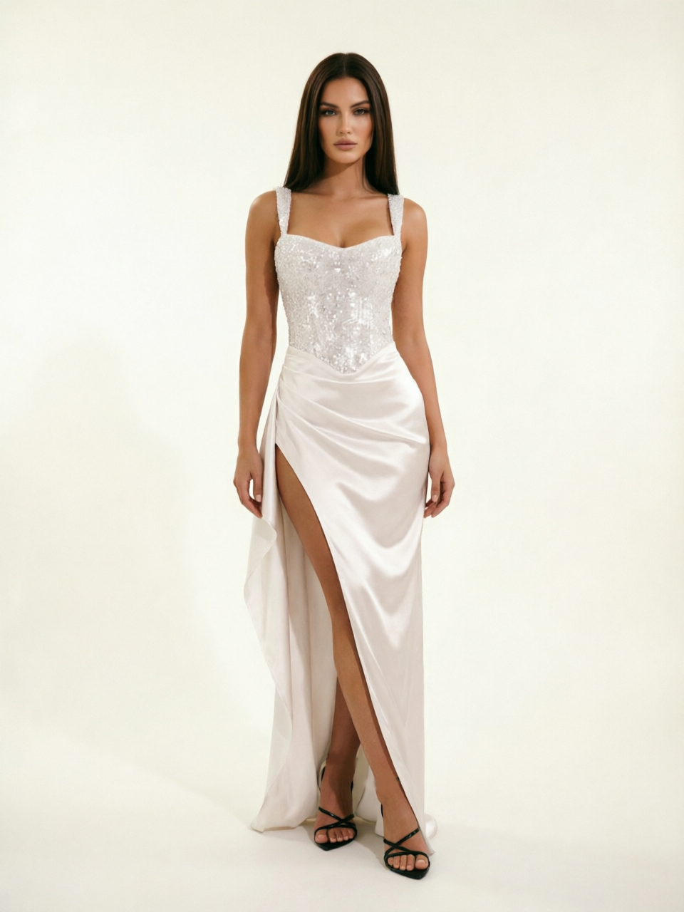 Sequin Corset Satin High Slit Formal Maxi Dress