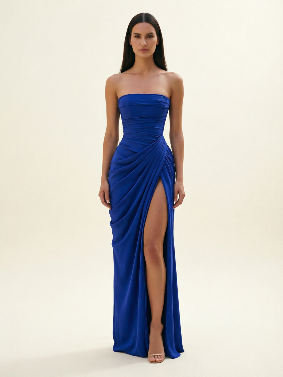Strapless Ruched High Slit Maxi Dress