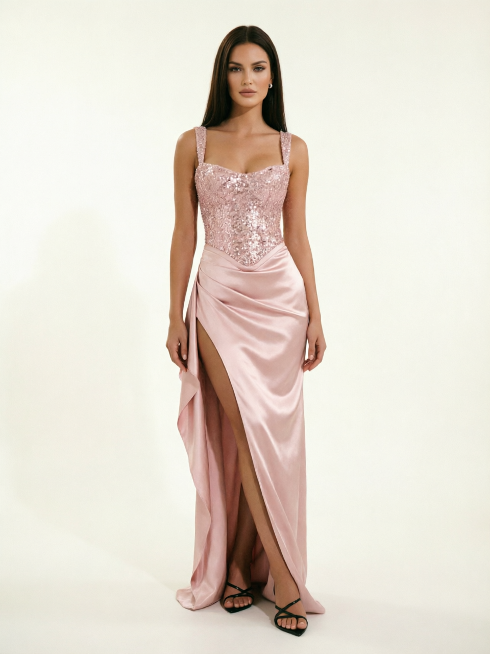 Sequin Corset Satin High Slit Formal Maxi Dress
