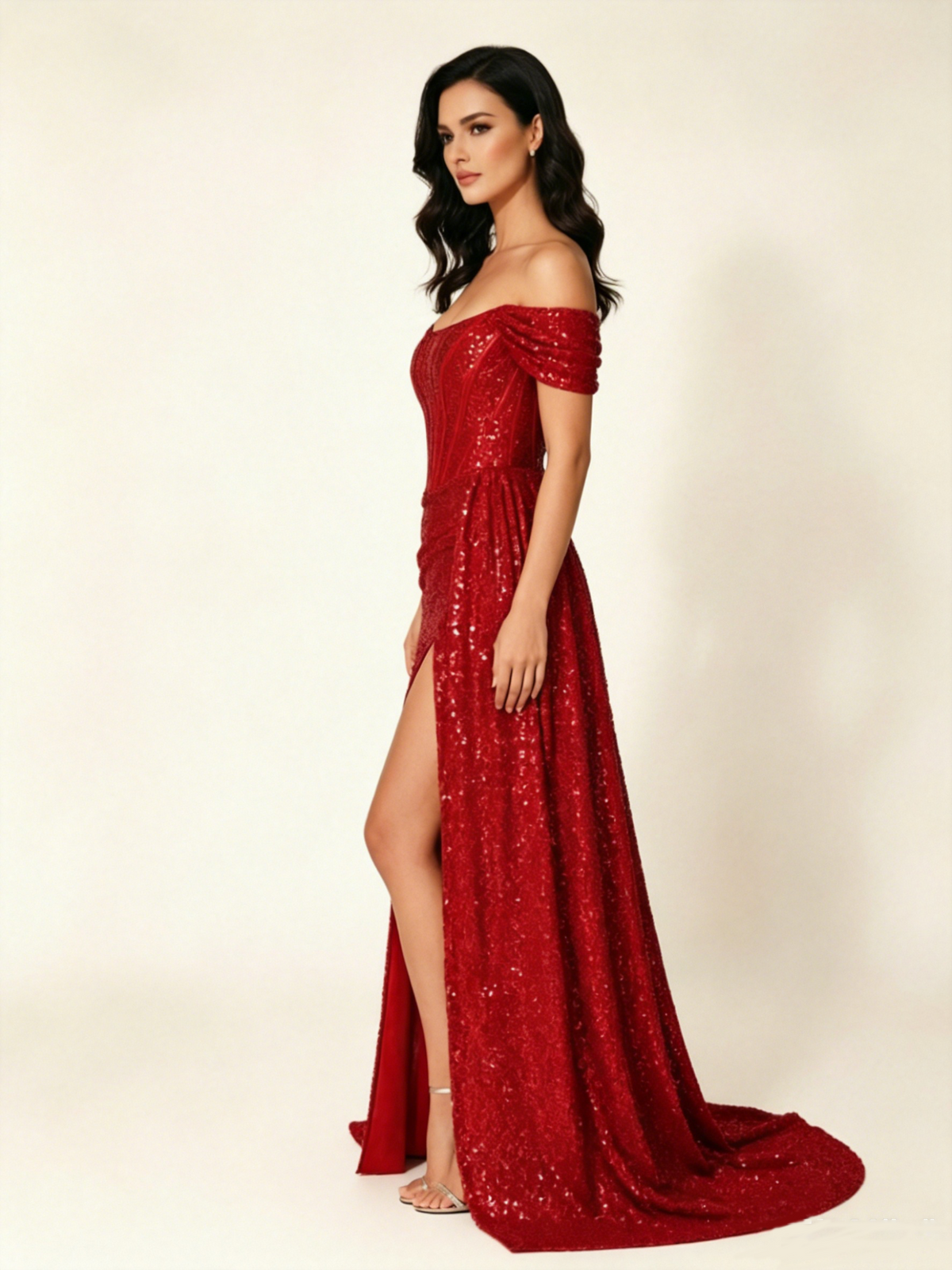 Off Shoulder Sequin High Slit Dress with Train