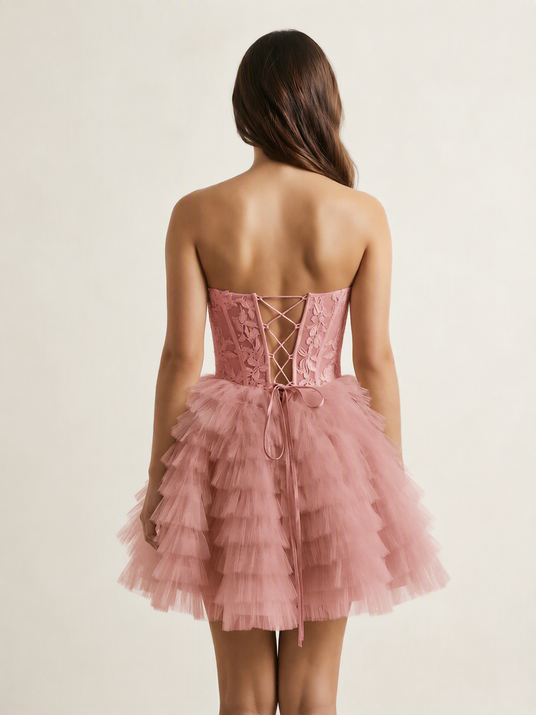 Strapless Lace Corset Tiered Tulle Mini Dress