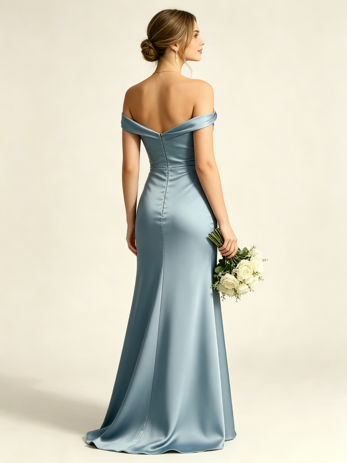 Satin Mermaid Bridesmaid Maxi Dress, Asymmetrical Off Shoulder Ruched Waist Open Back