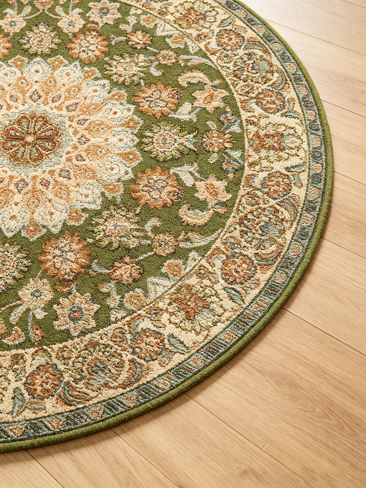 Persian Floral Green Washable Round Area Rug