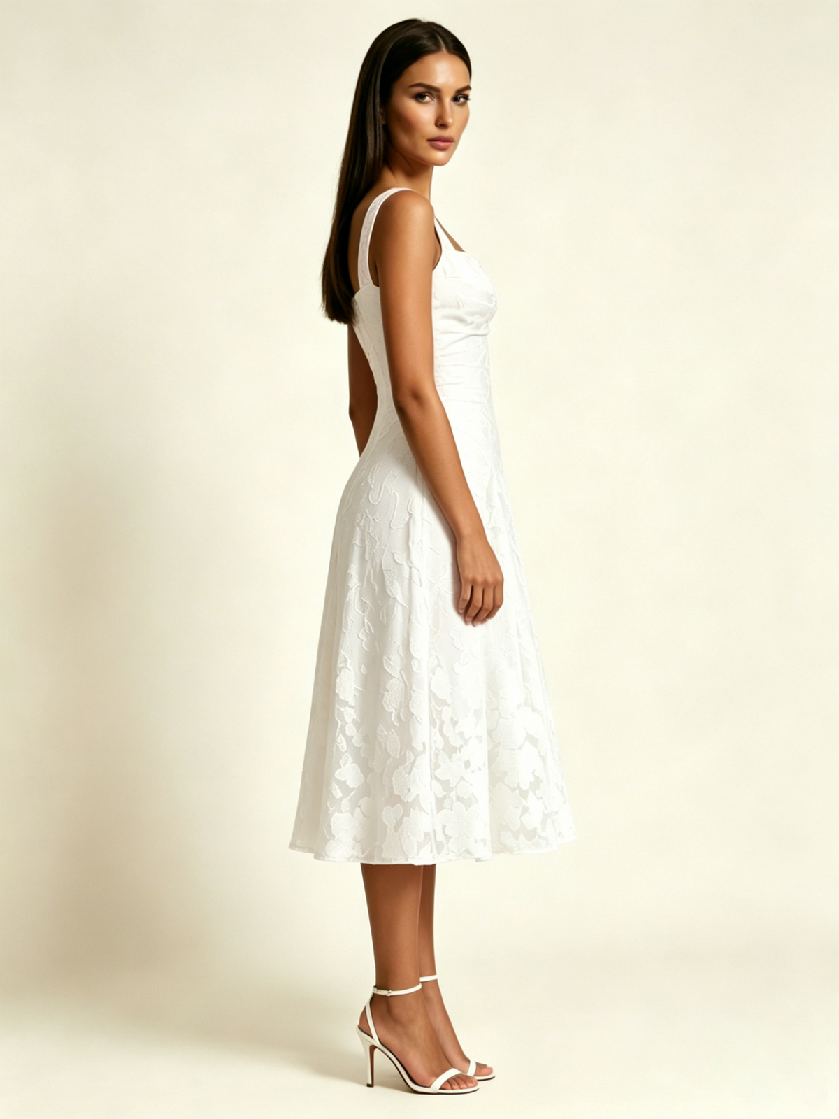 3D Floral Jacquard Square Neck Midi Dress