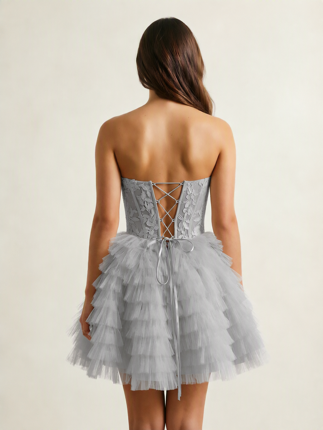 Strapless Lace Corset Tiered Tulle Mini Dress