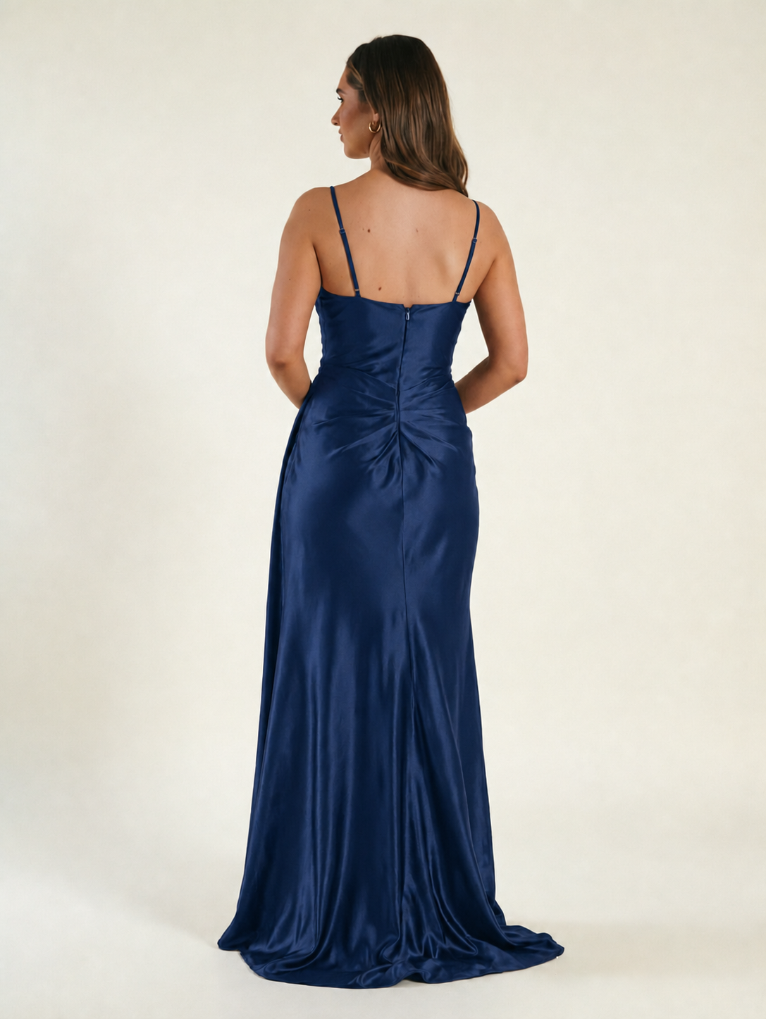 V-neck satin fine bandeau fitted high slit long dress