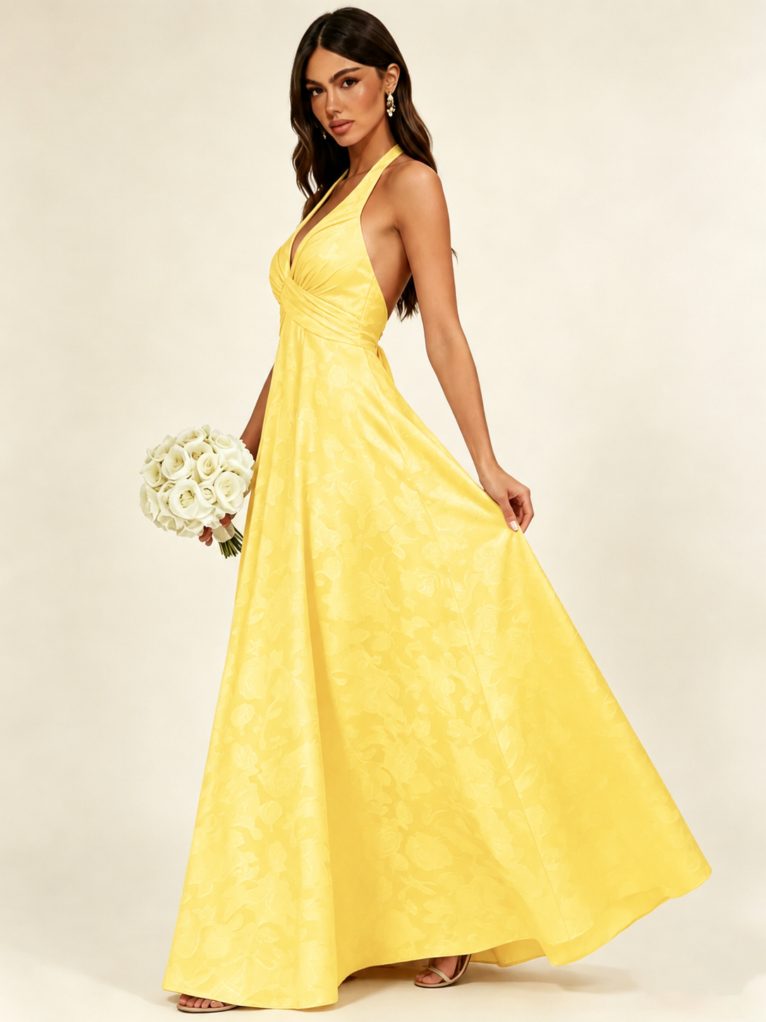 Floral Jacquard Halter Deep V A-Line Maxi Dress Backless Lace-Up Corset Bridesmaid Dress