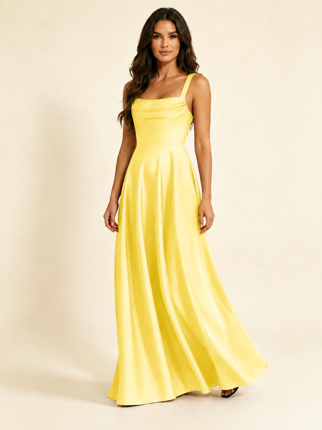 Satin Draped Cowl Square Neck A-Line Maxi Bridesmaid Dress