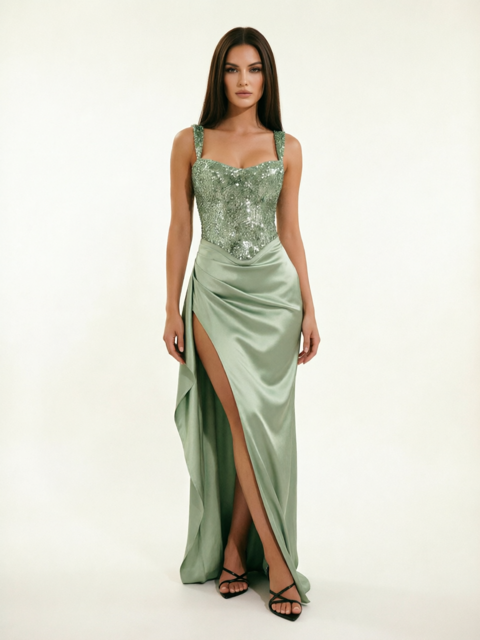 Sequin Corset Satin High Slit Formal Maxi Dress