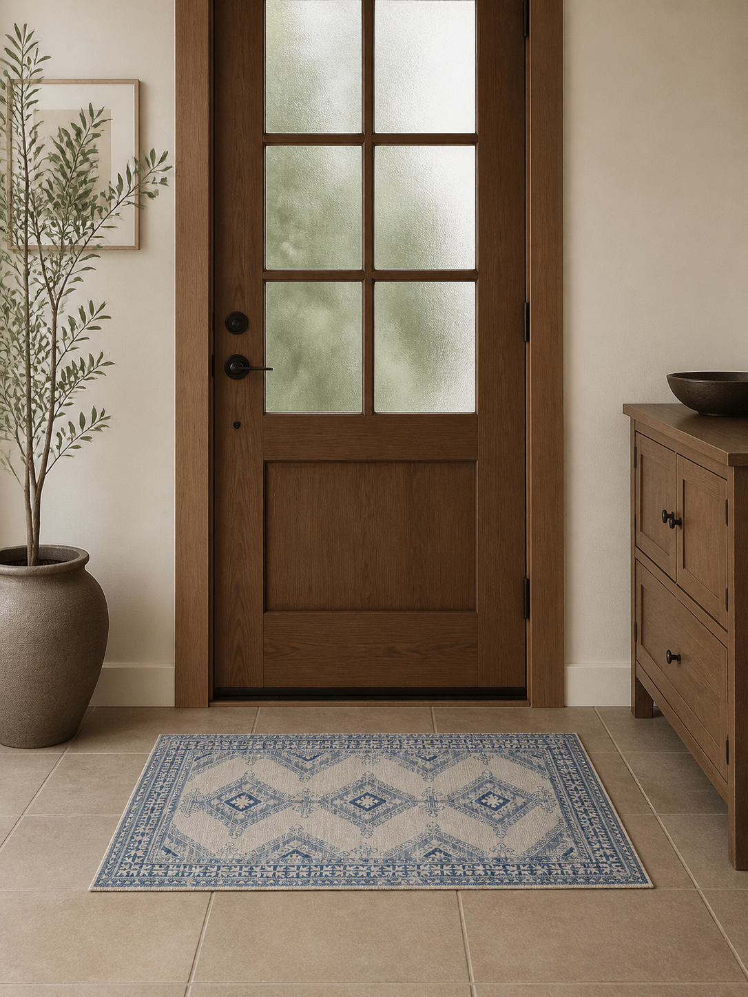 Blue Beige Vintage Tribal Geometric Area Rug
