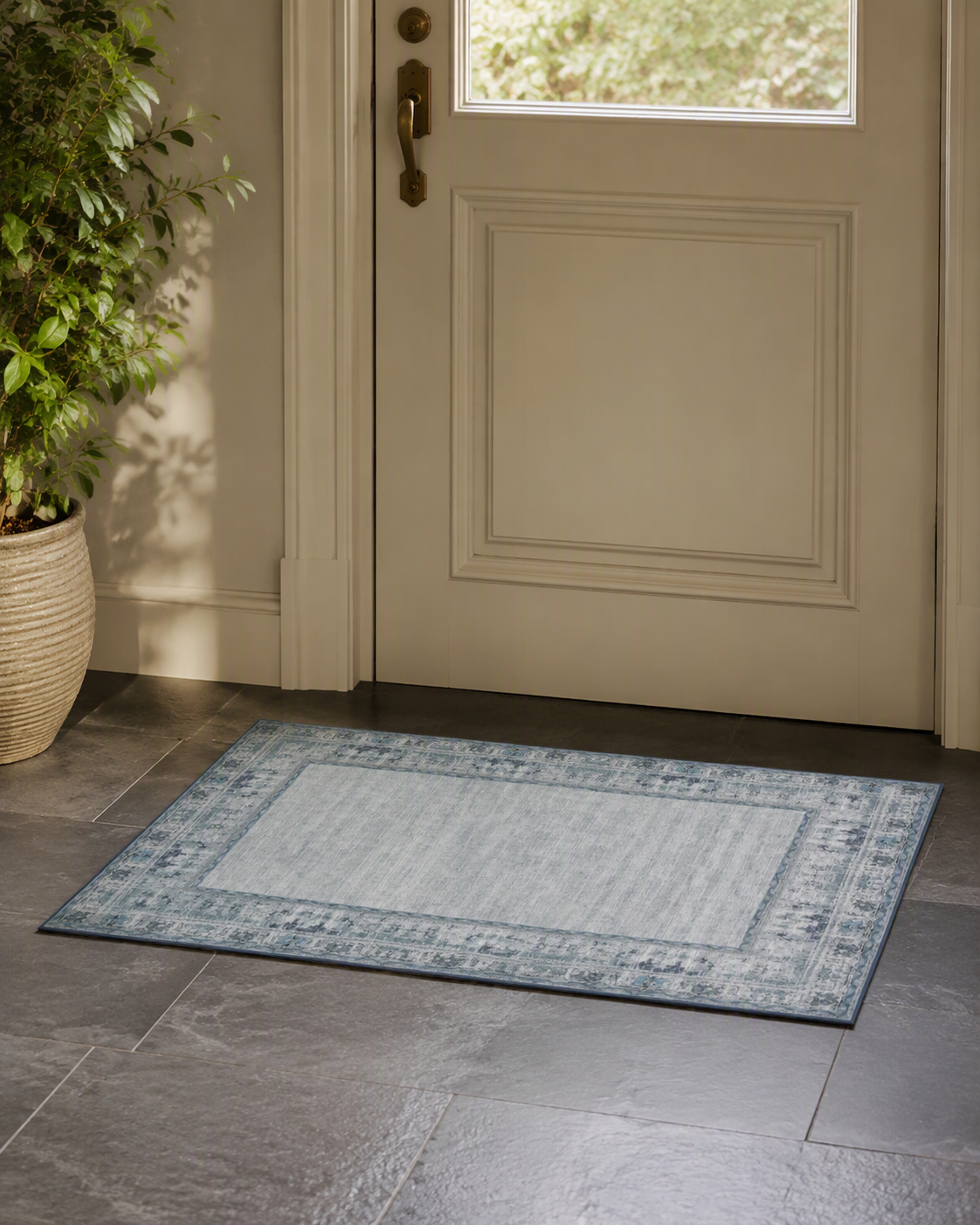 Elegant Transitional Faded Ornamental Border Area Rug