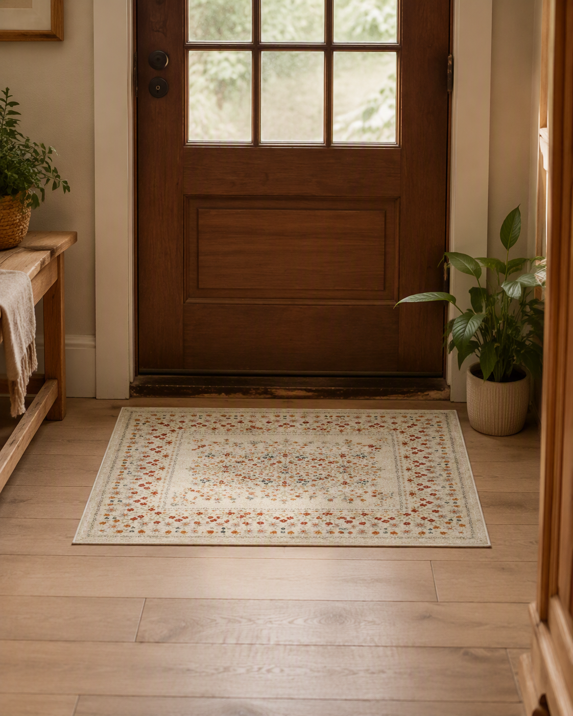 Traditional Floral Border Short Pile Area Rug